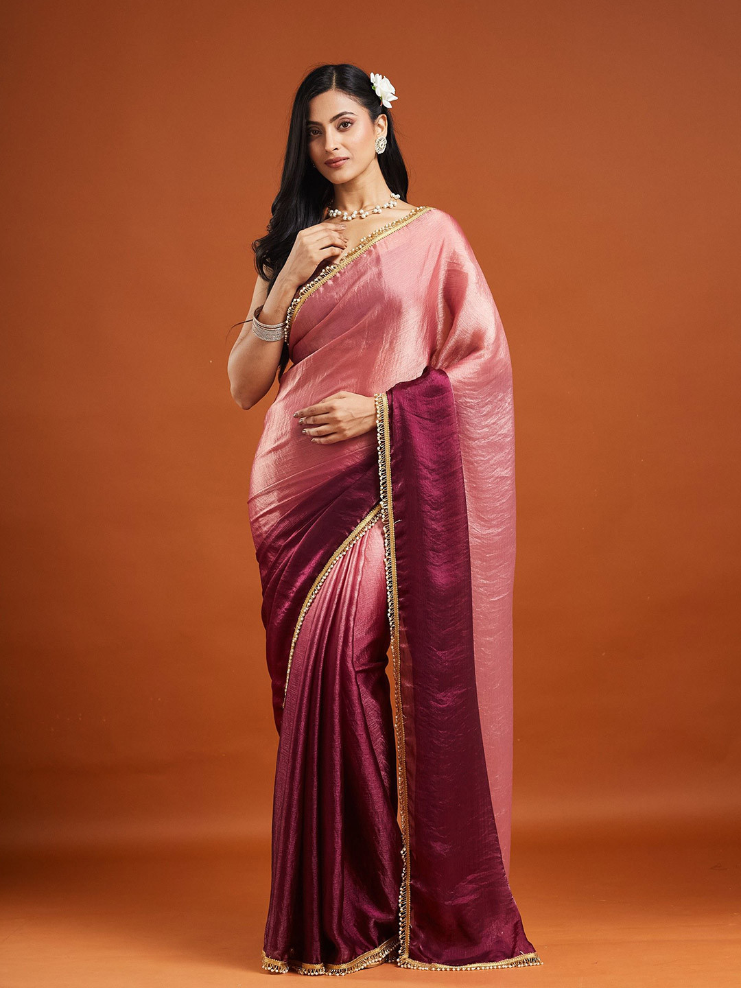 Panzora Ombre Dyed Saree With Hand Work Moti Lace And Matching Blouse Piece