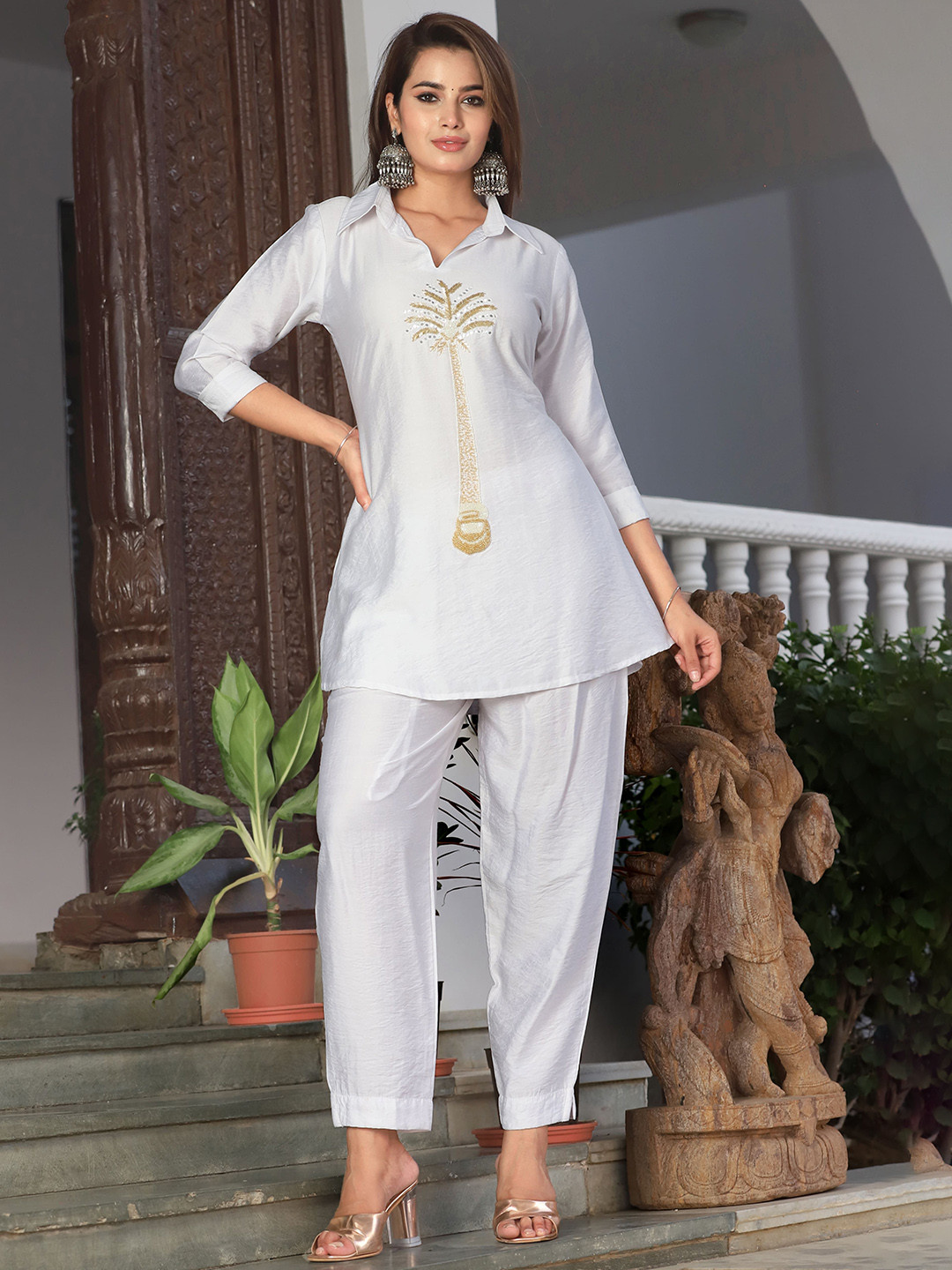 OH MI DIOS Embellished Collar Neck Top With Trousers Co-Ords