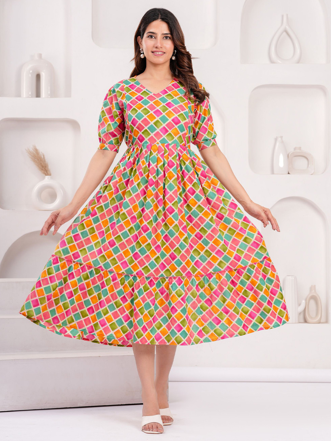 NITVAN Women Geometric Printed Maternity Cotton Anarkali Kurta