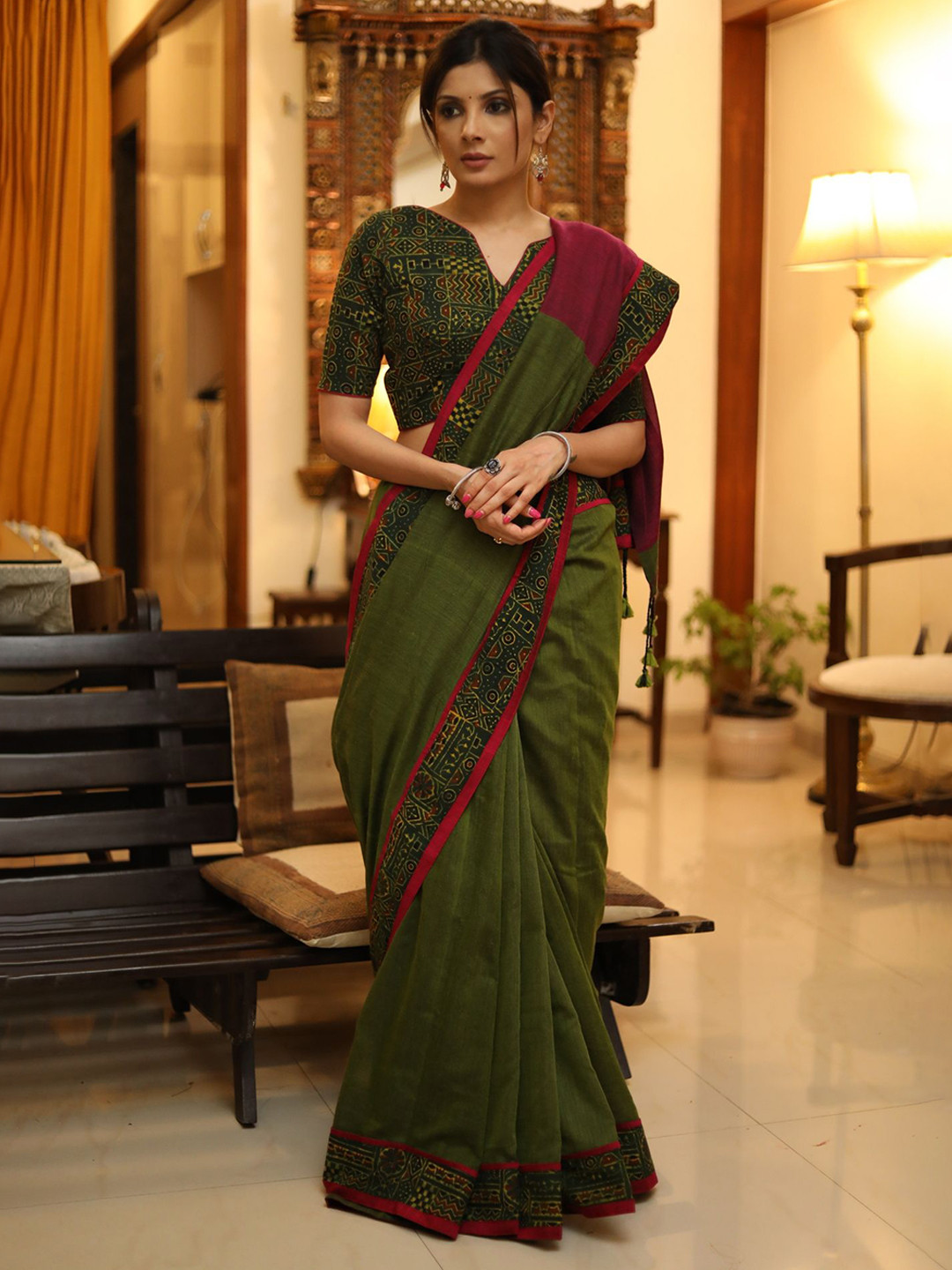 SUJATRA Green and magenta combination Cotton saree with Ajrakh border