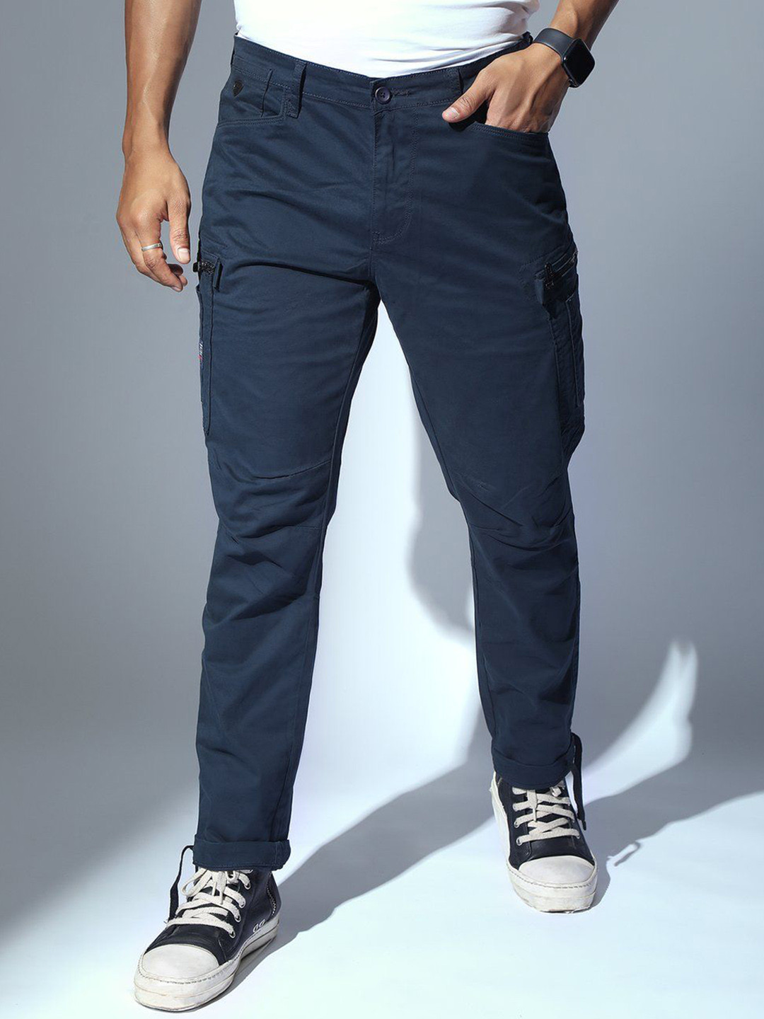 nostrum Men Navy Tixto Self Fit Cotton Cargo Jeans
