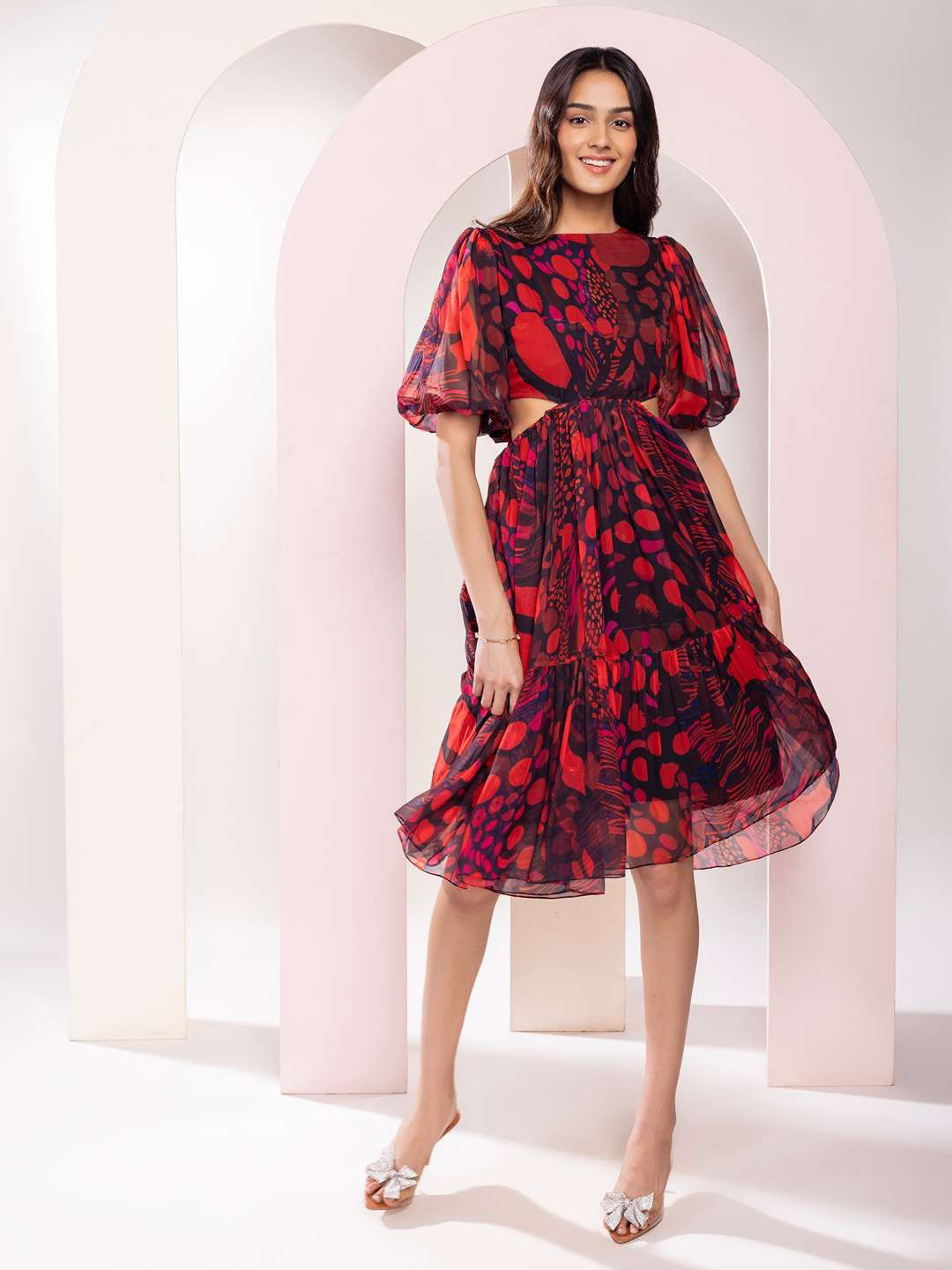 POPPI Women Abstract Printed Cut-Outs Fit & Flare Dress