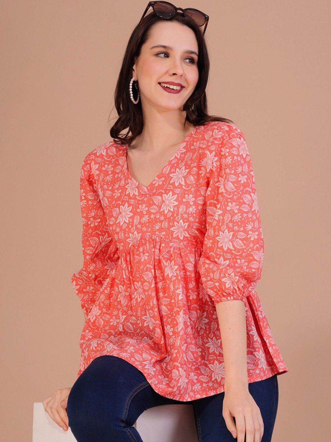 Zenava by Myntra Women Floral Printed Puff Sleeve Cotton Peplum Top