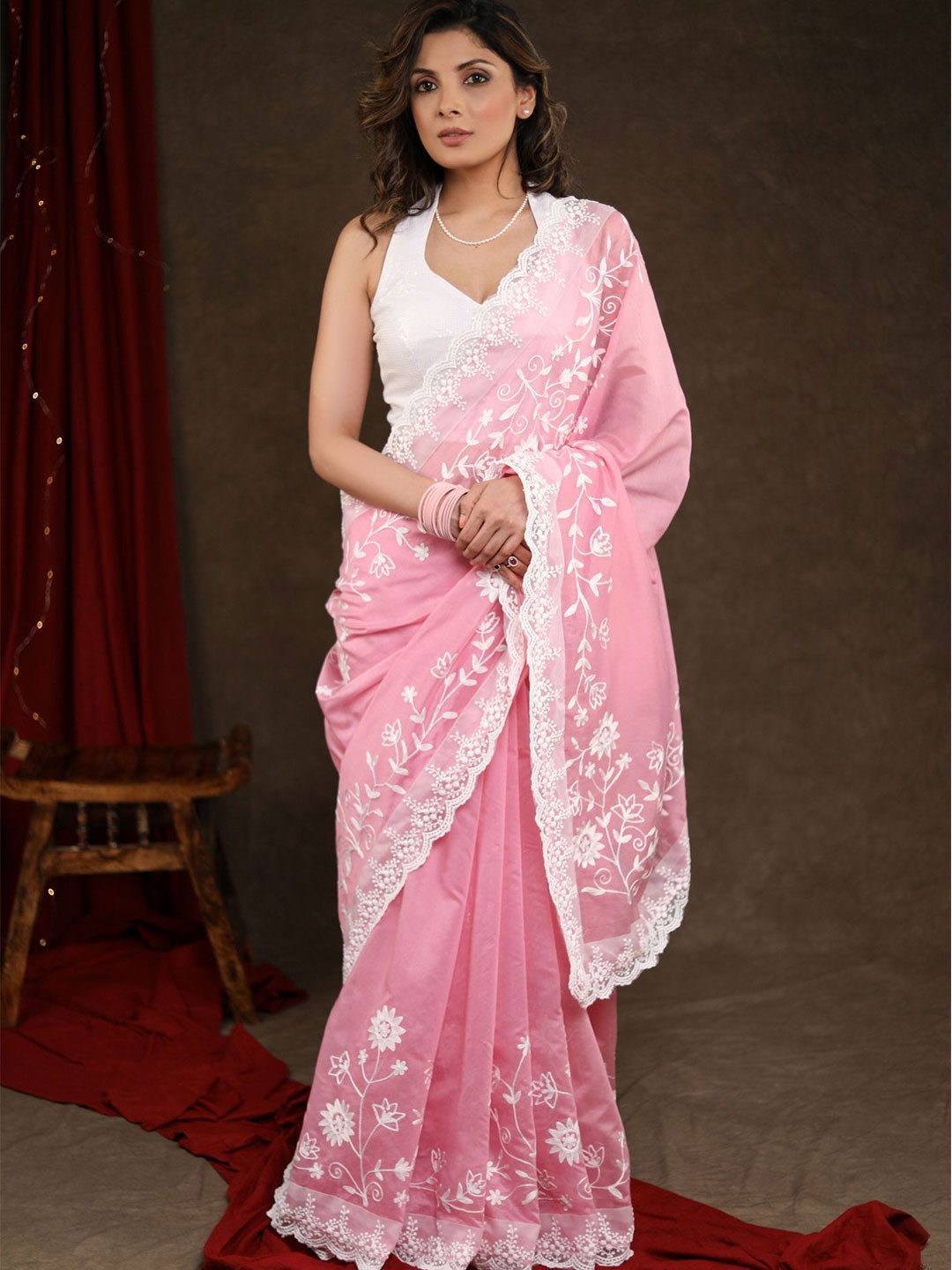 SUJATRA Blush Pink Chanderi Saree with Beautiful White Embroidery