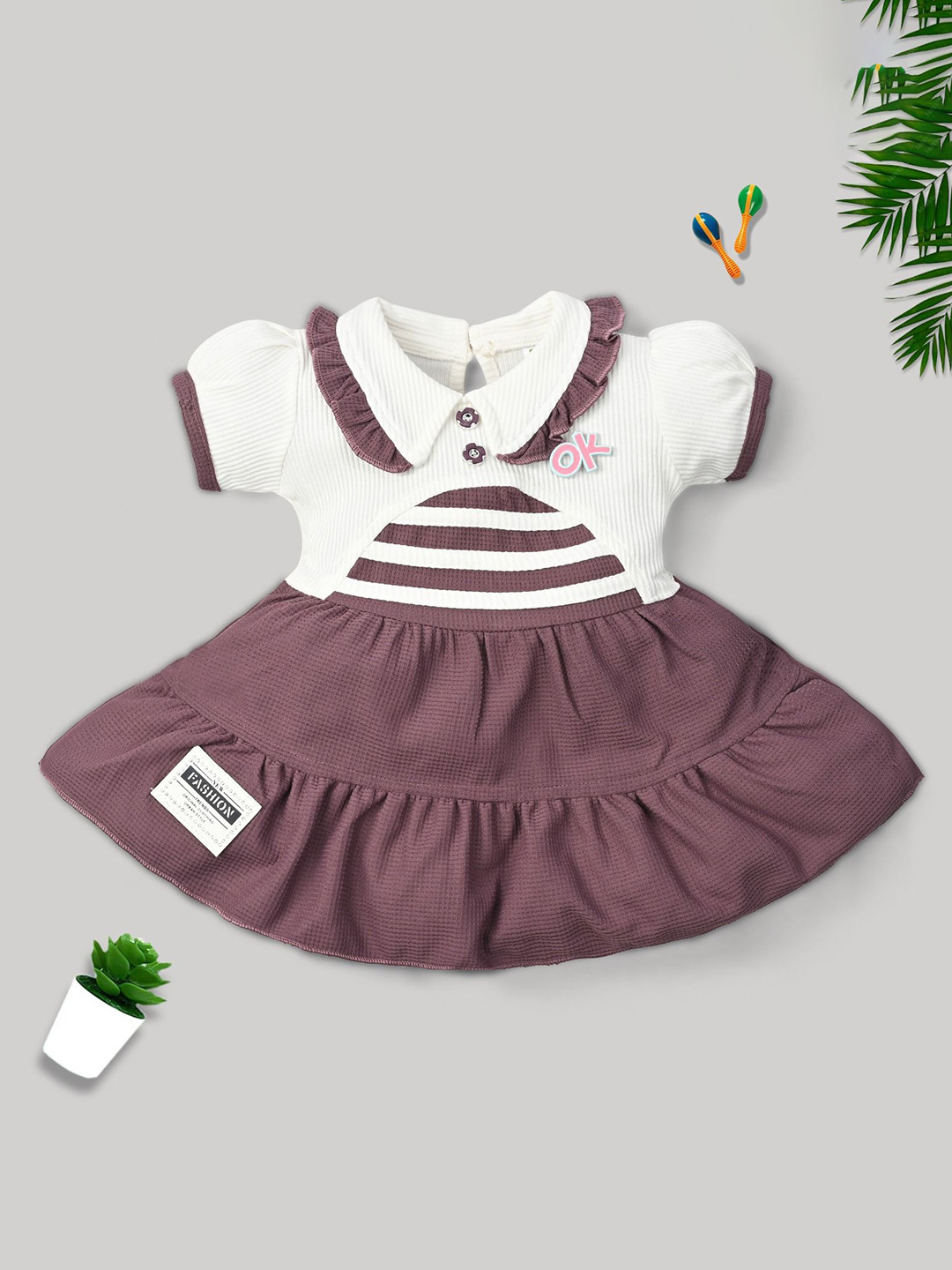 Hijo Kids Wear Girls Solid Shirt Collar Puff Sleeve Peplum Knee Length Dress