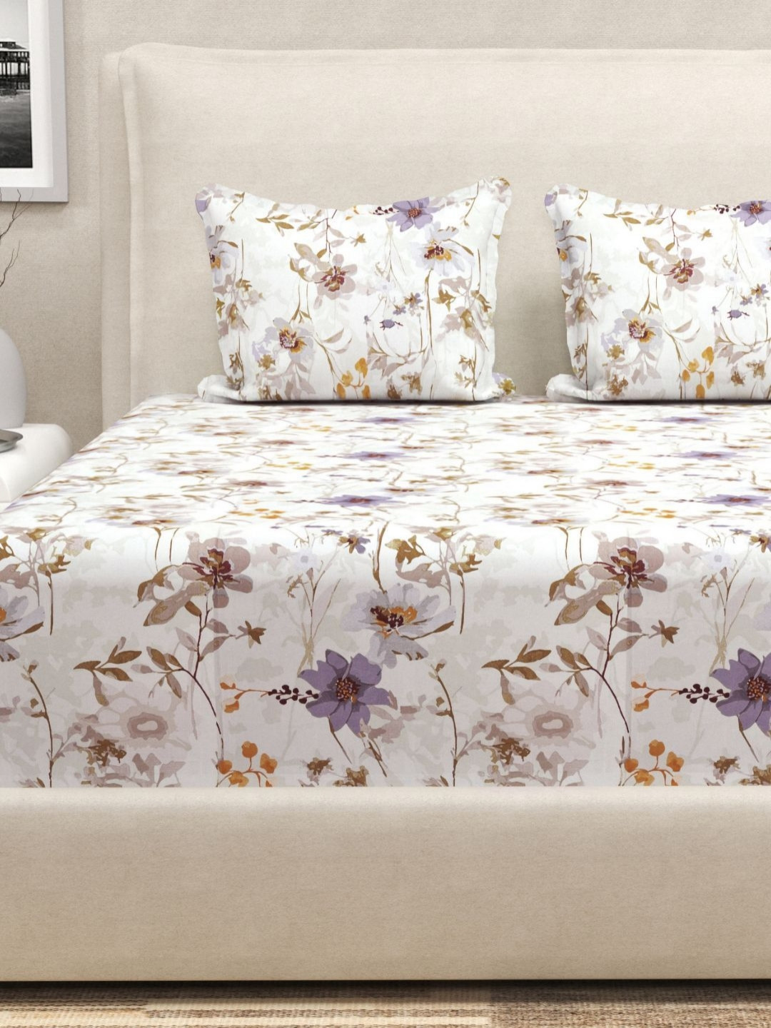 San Marino Off White Printed Cotton 350 TC Fitted King Bedsheet Set-1.82 m x 1.98 m