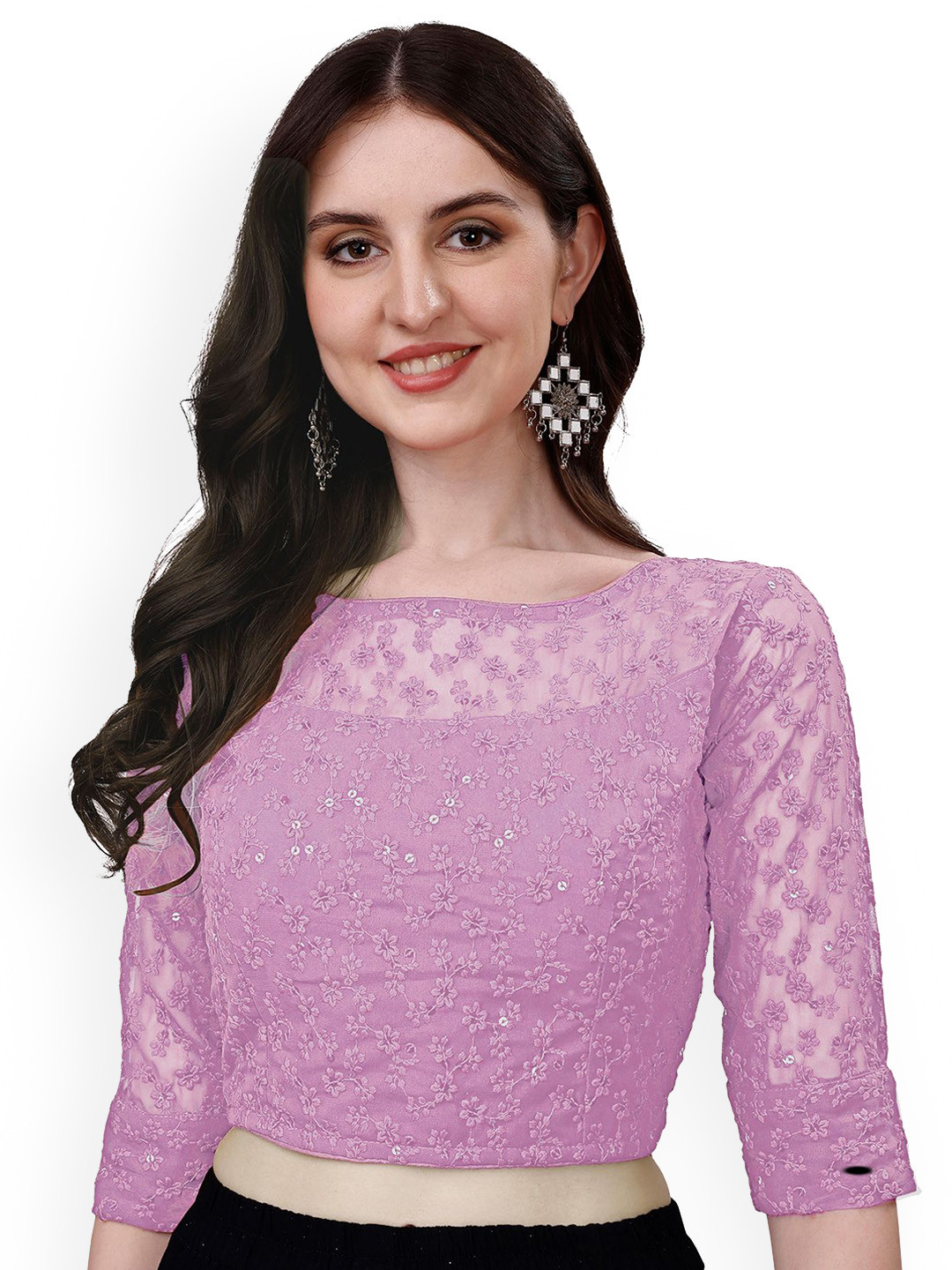 HERE&NOW Embroidered Round Neck Fancy Sifli Work Readymade Saree Blouse