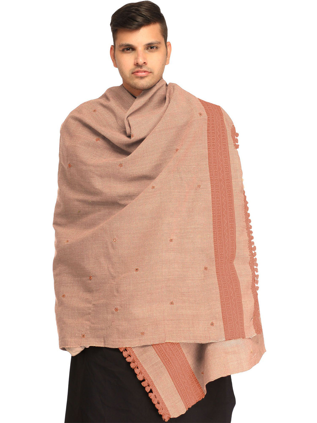 Exotic India Geometric Kutch Embroidered Mirror Work Pure Wool Shawl