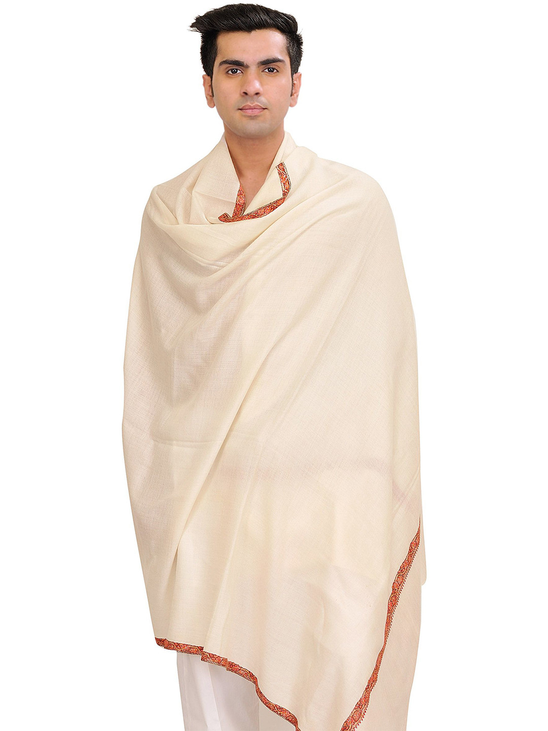 Exotic India Tusha Pure Wool Shawl With Sozni Embroidered Borders