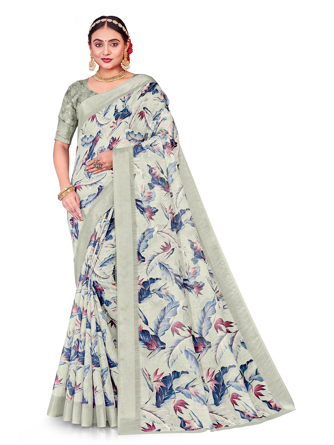 Lichee Floral Printed Zari Border Linen Cotton Festive Saree