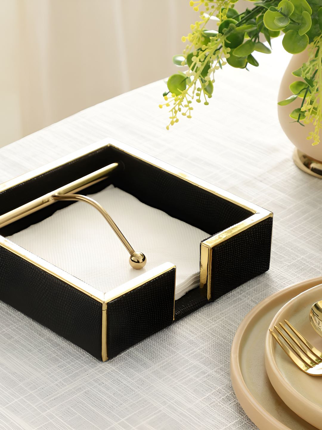 Decor de Maison Black & Gold Toned Opus Leather Napkin Cradle