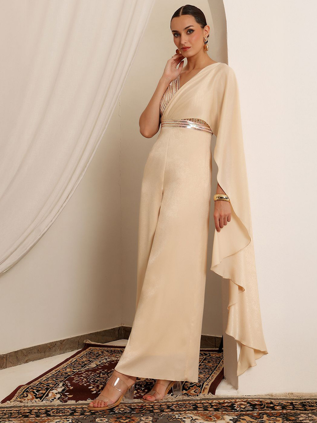 Miss Chase Women V-Neck Sleeveless Embellished Pleated Satin Ethnic Jumpsuit