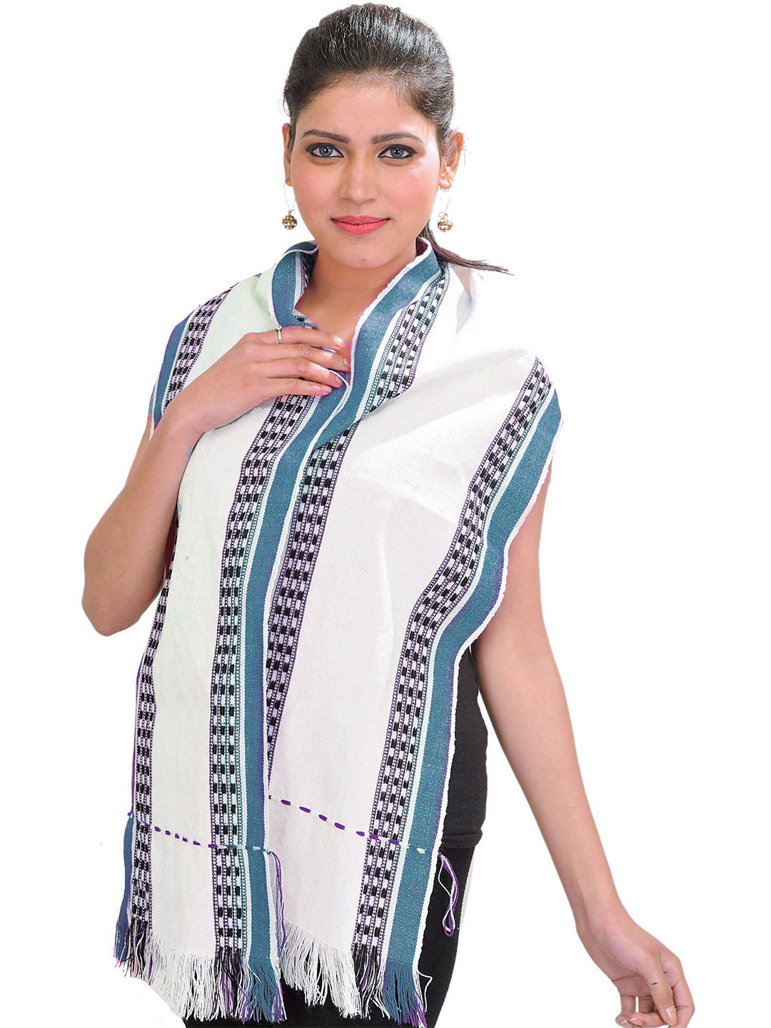 Exotic India Women Leirum Scarf from Manipur with Thread Weave on Border