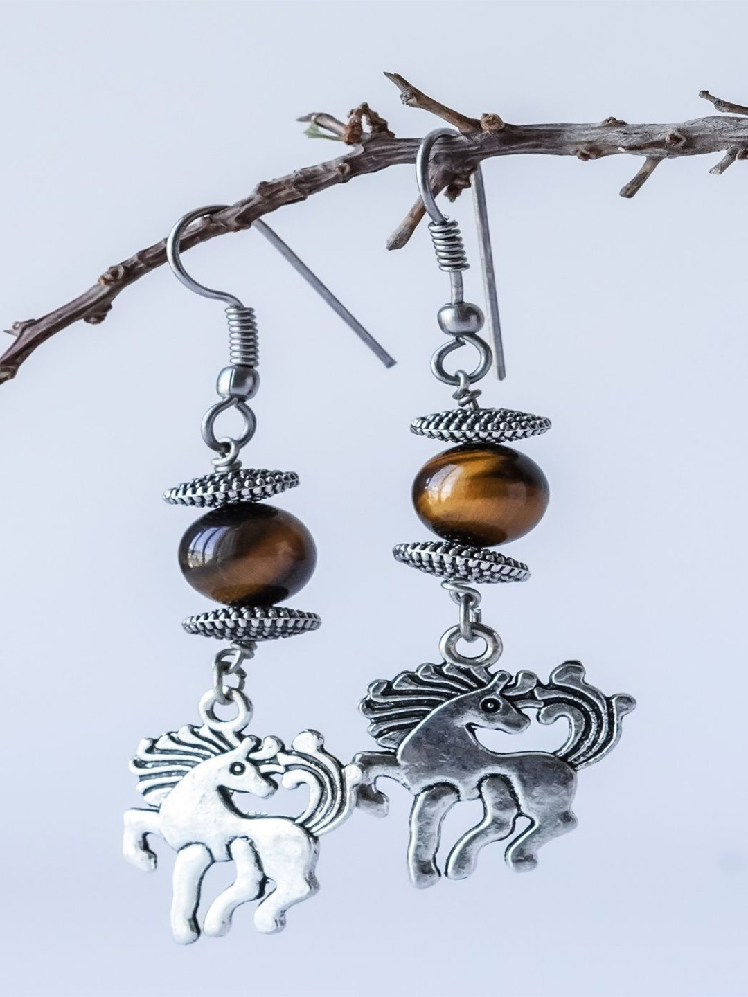Shrim jewels Silver-Plated Tigers Eye Beaded Oxidised Animal Shaped Drop Earrings