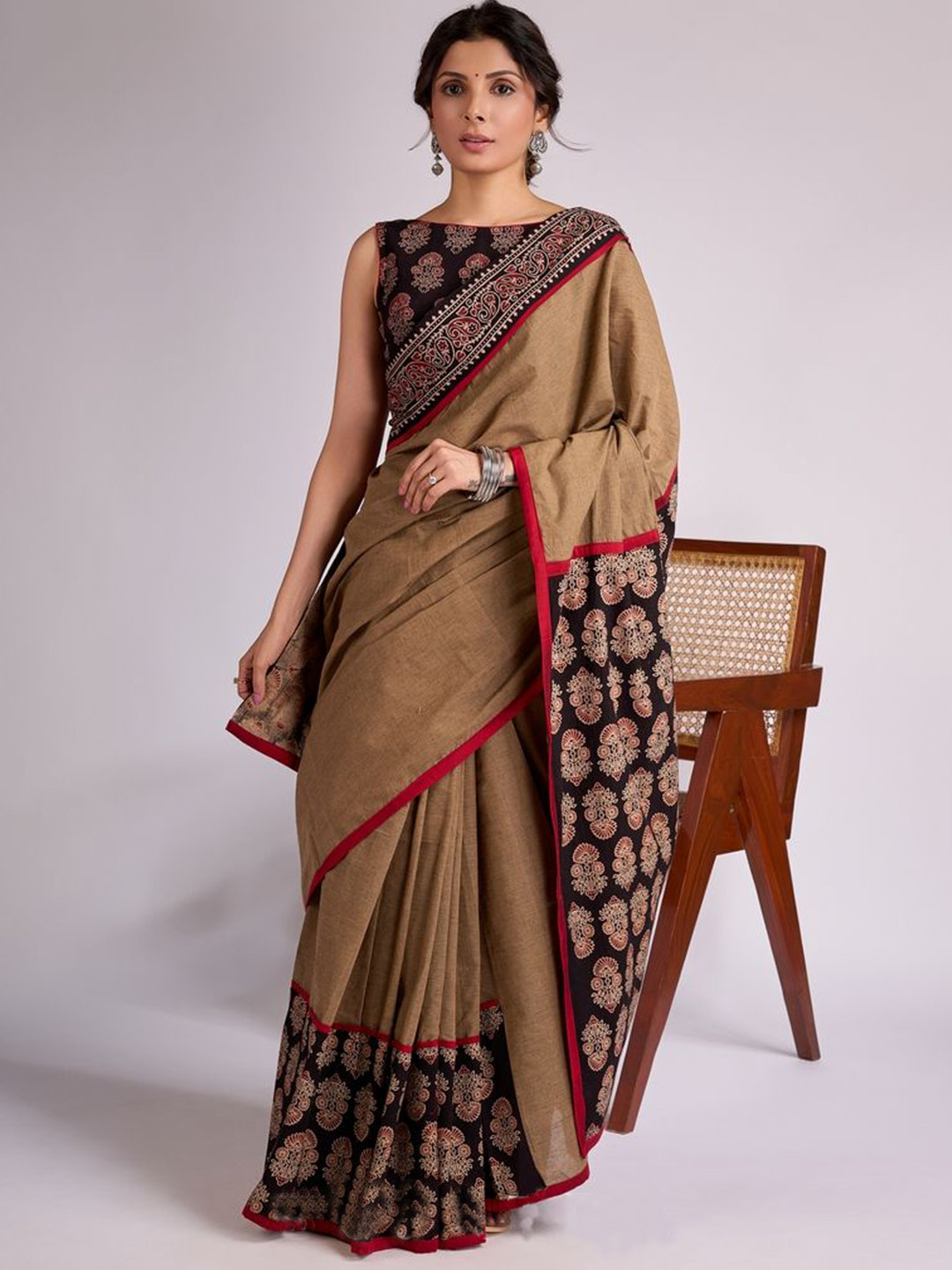 SUJATRA Beige cotton block printed Ajrakh saree
