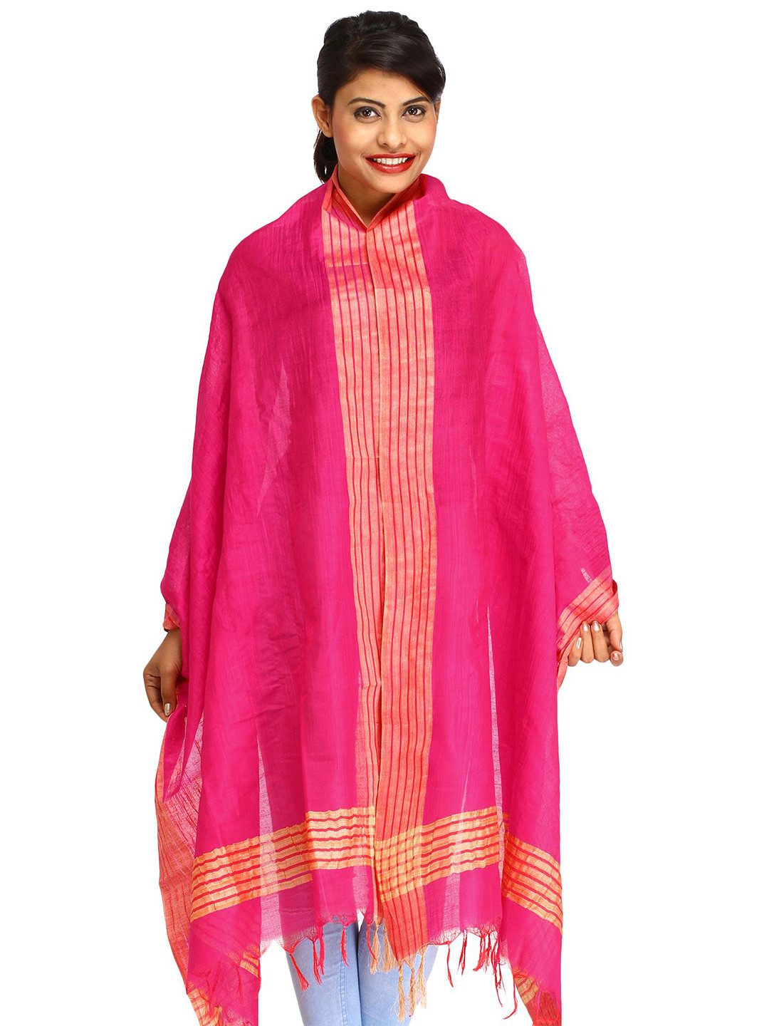 Exotic India Plain Dupatta From Jharkhand With Woven Stripes On Border