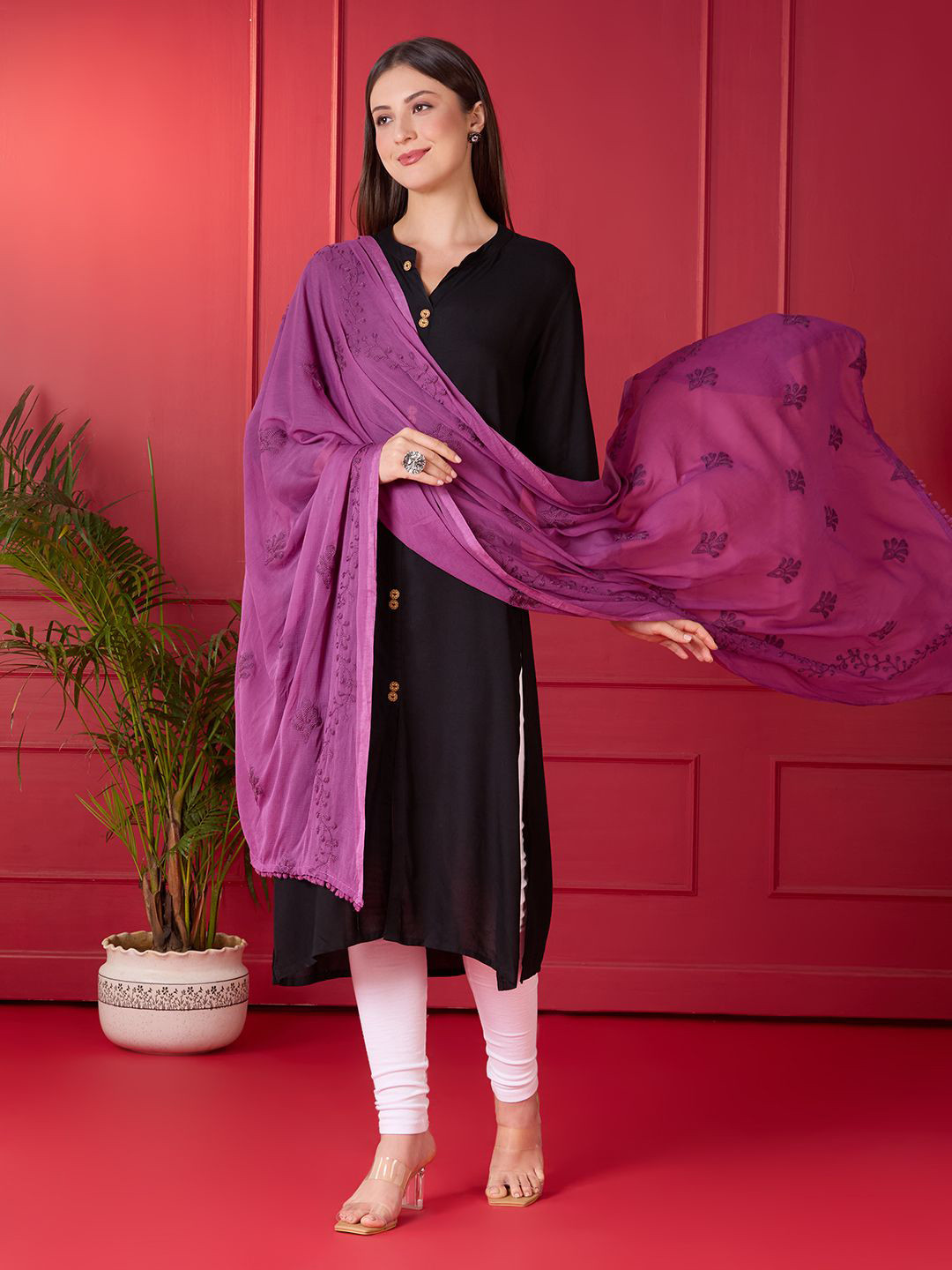 Dupatta Bazaar Floral Embroidered Threda Work Chiffon Dupatta