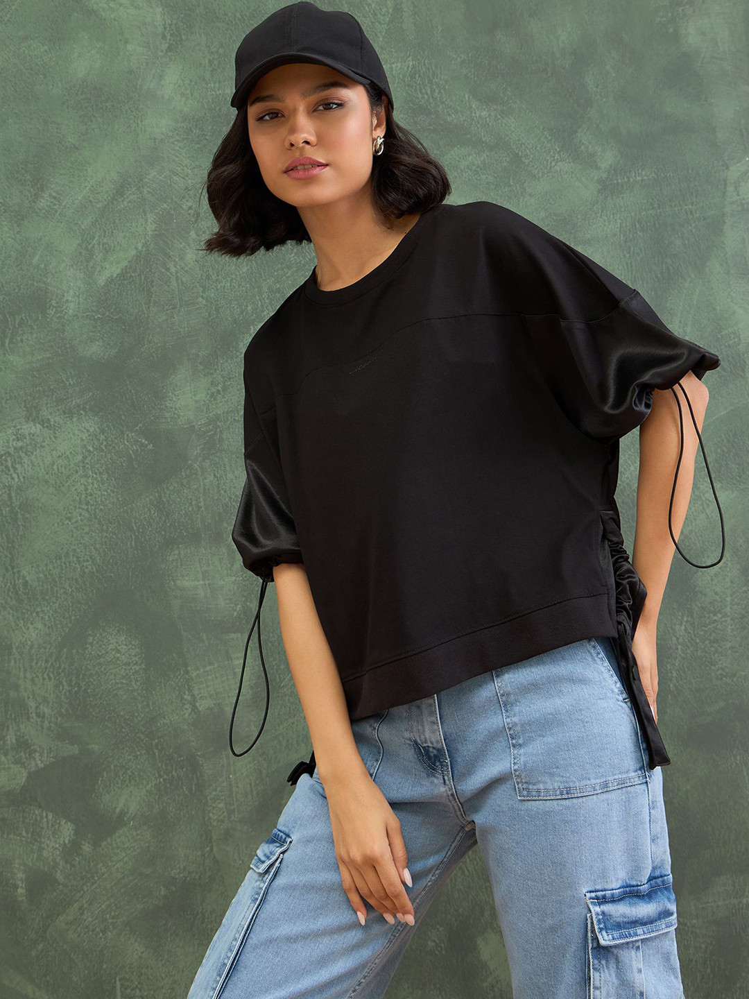 Iconic Women Solid Round Neck Cotton High-Low Regular Top