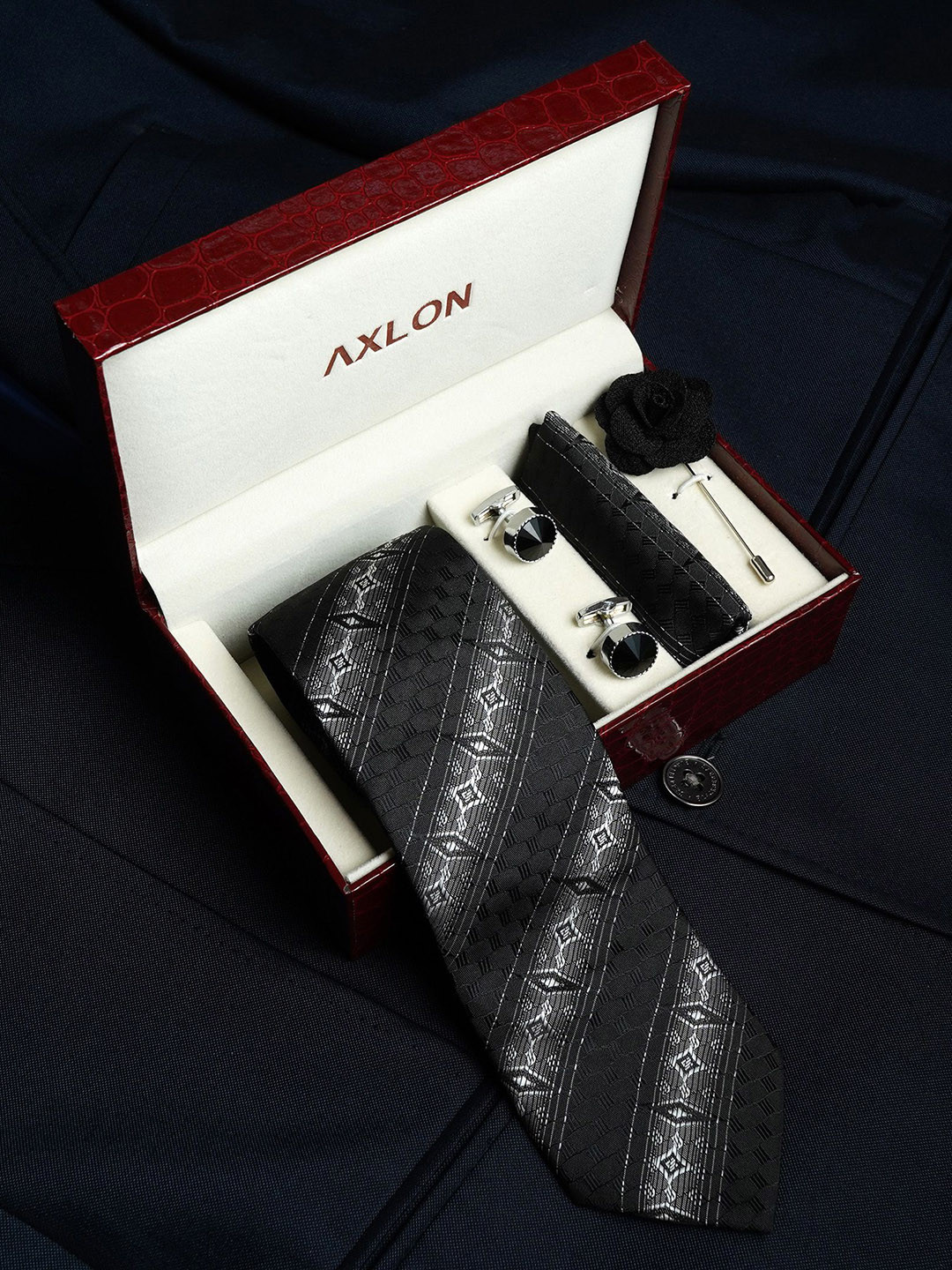 Axlon Men Tie Cufflinks Flower Pin & Pocket Square Accessory Gift Set