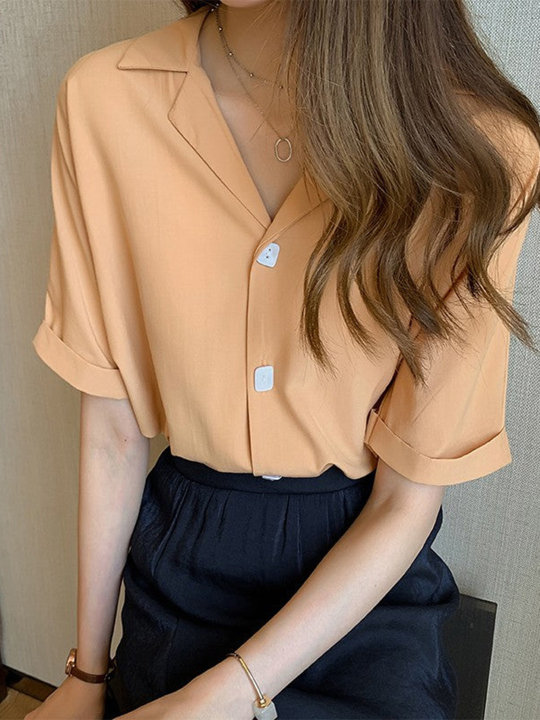 Outzidr Women Fold Up Sleeve Solid Shirt