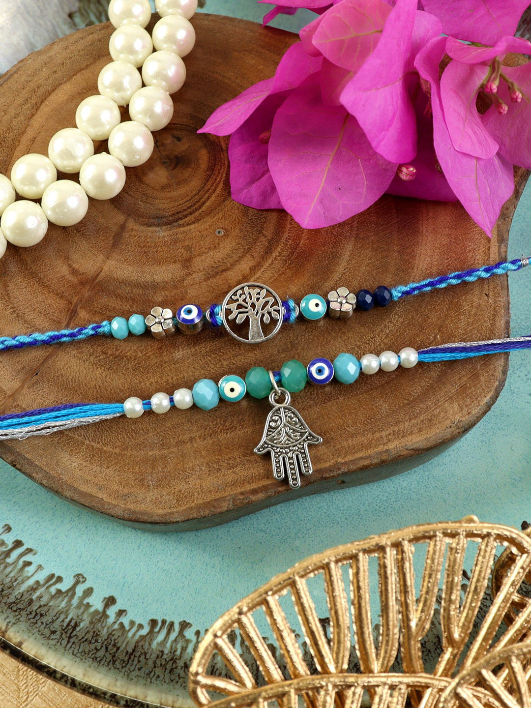 Asthetika Set of 2 Tree Of Life Hamsa Evil Eye Thread Rakhi With Roli Chawal