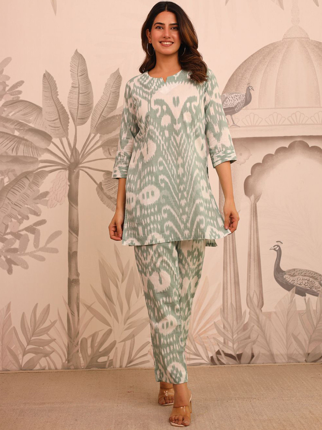 Teal-Green Printed V-Neck Tunic with Trousers Co-Ords