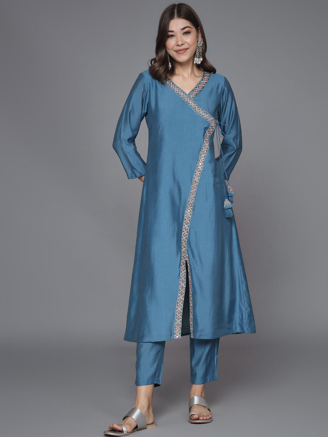 Sangria Embroidered Mirror Work Front Cut-Detail A-Line Tunic With Trouser