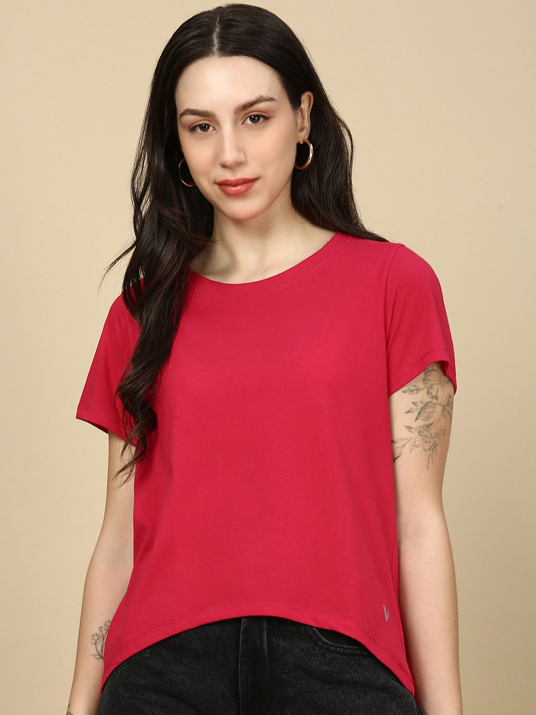 PYNK Women Solid Round Neck Cotton T-shirt