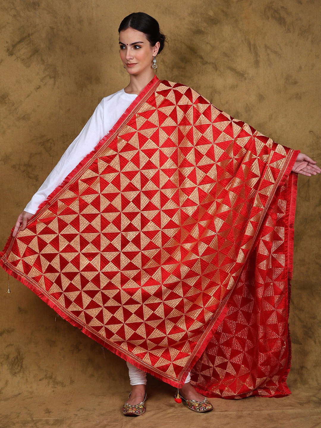 Exotic India Phulkari Thread Embroidered Dupatta From Punjab Jhalar Border & Latkan Pallu
