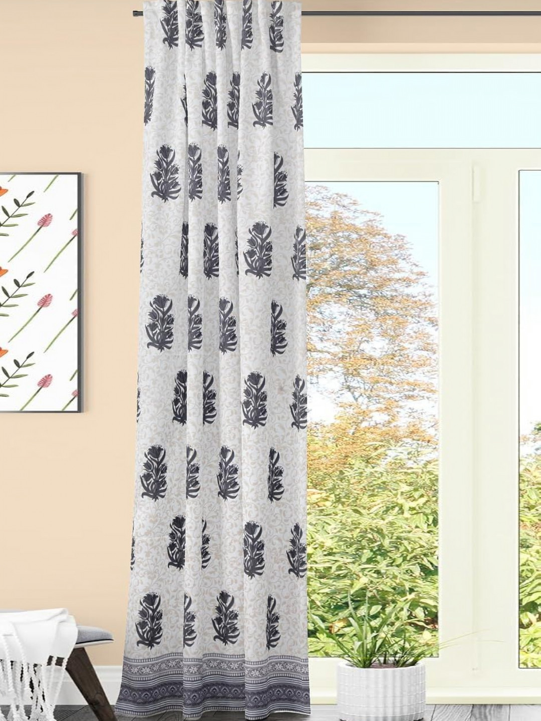 AAZEEM Softscape Series White Floral Printed Velvet Door Curtain