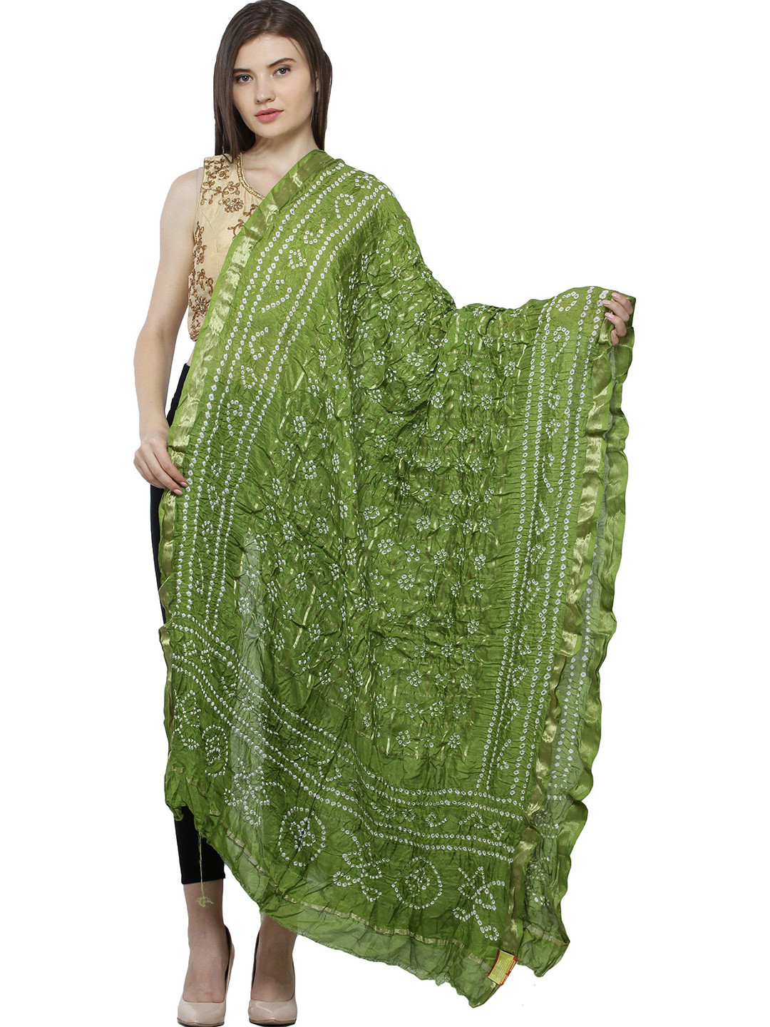 Exotic India Bandhani Tie-Dye Gharchola Dupatta From Jodhpur With Golden Thread Weave