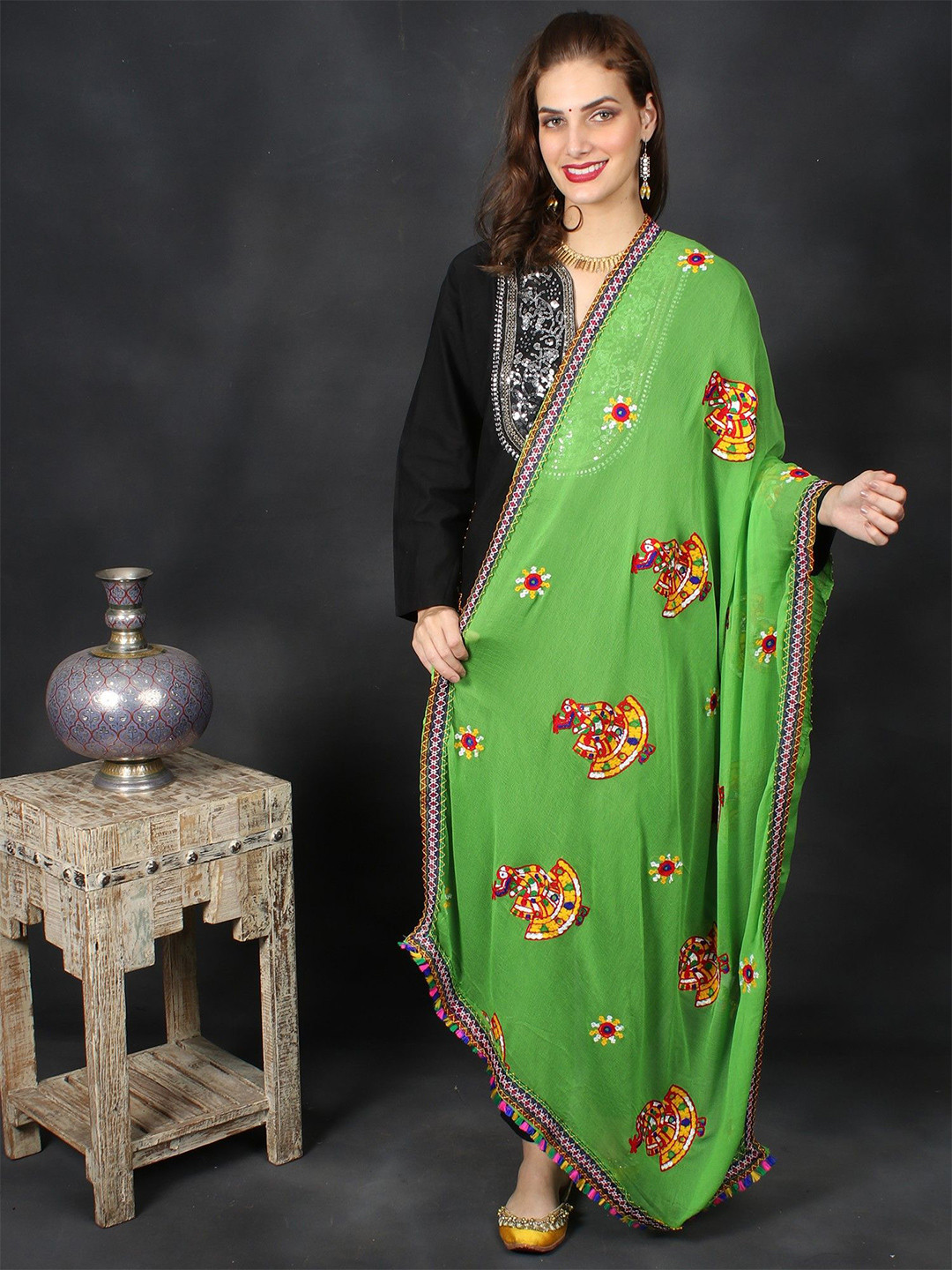 Exotic India Phulkari Dupatta With Sequin Embroidered Dandiya Motif From Rajasthan
