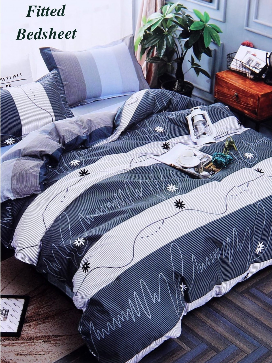 Aura Grey And White Striped Pure Cotton 144 TC King Fitted Bedsheet Set 2.10 m X 2.30 m