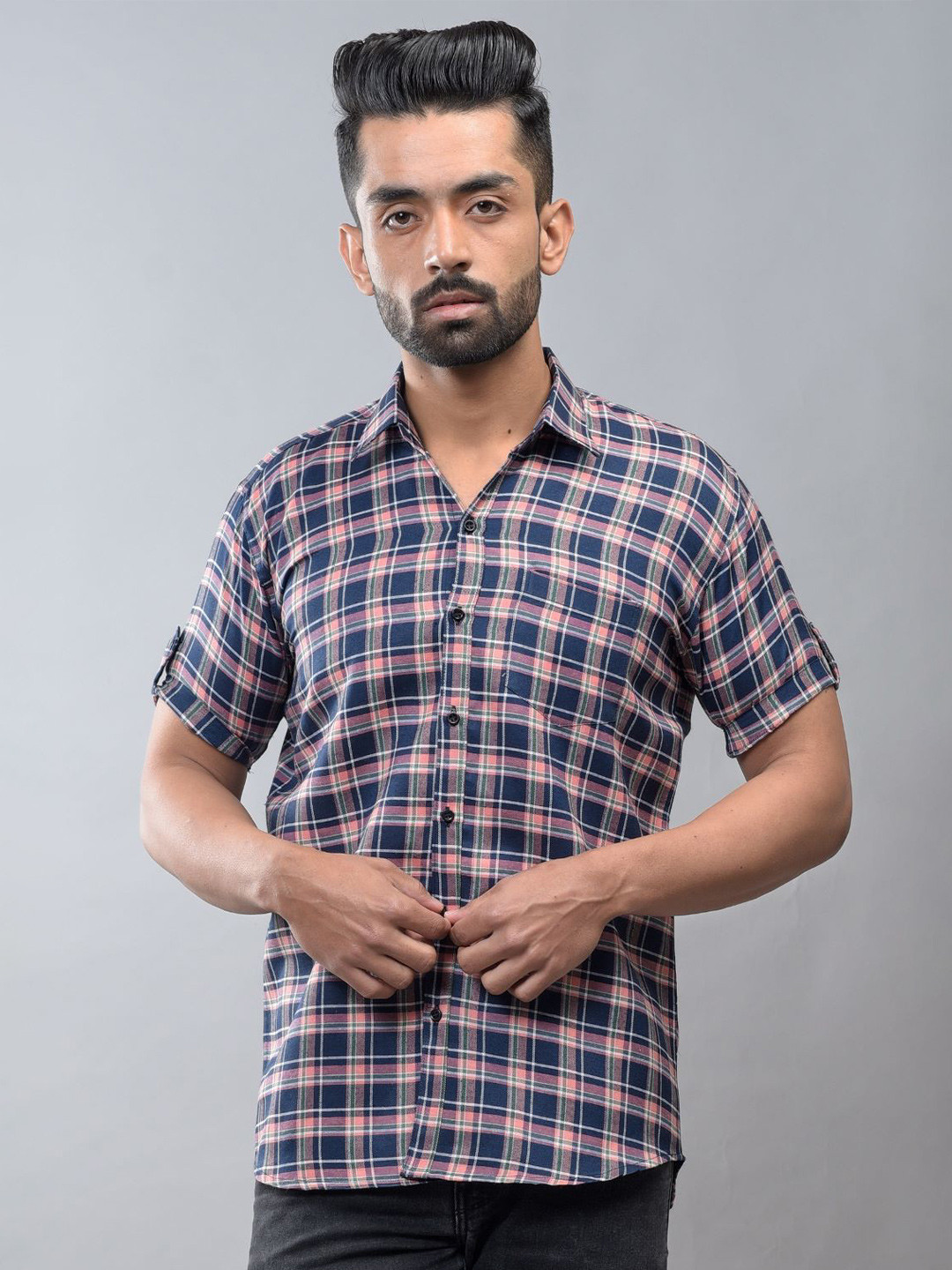 BASE 41 Standard Tartan Checked Spread Collar Shirt