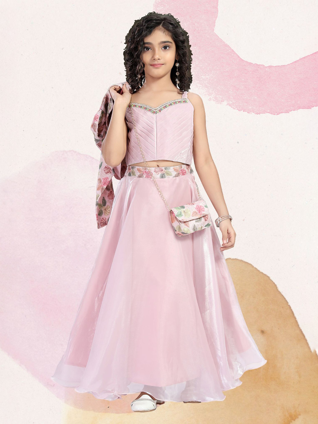 PINK LEAF Girls Thread Work Sleeveless Pure Silk Top With Palazzos