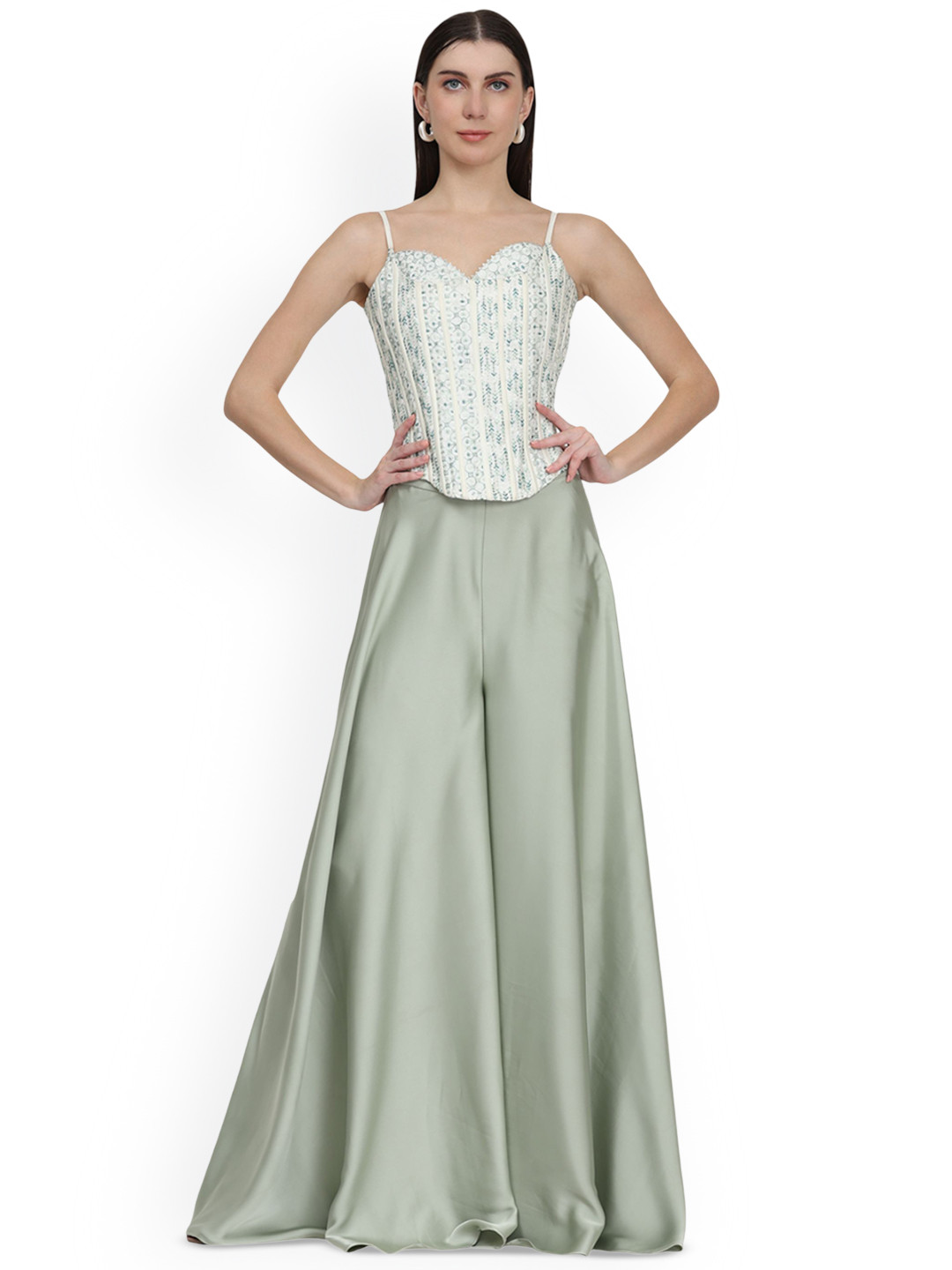 KELIN Embroidered Shoulder Strap Neck Crop Top With Sharara Co-Ords