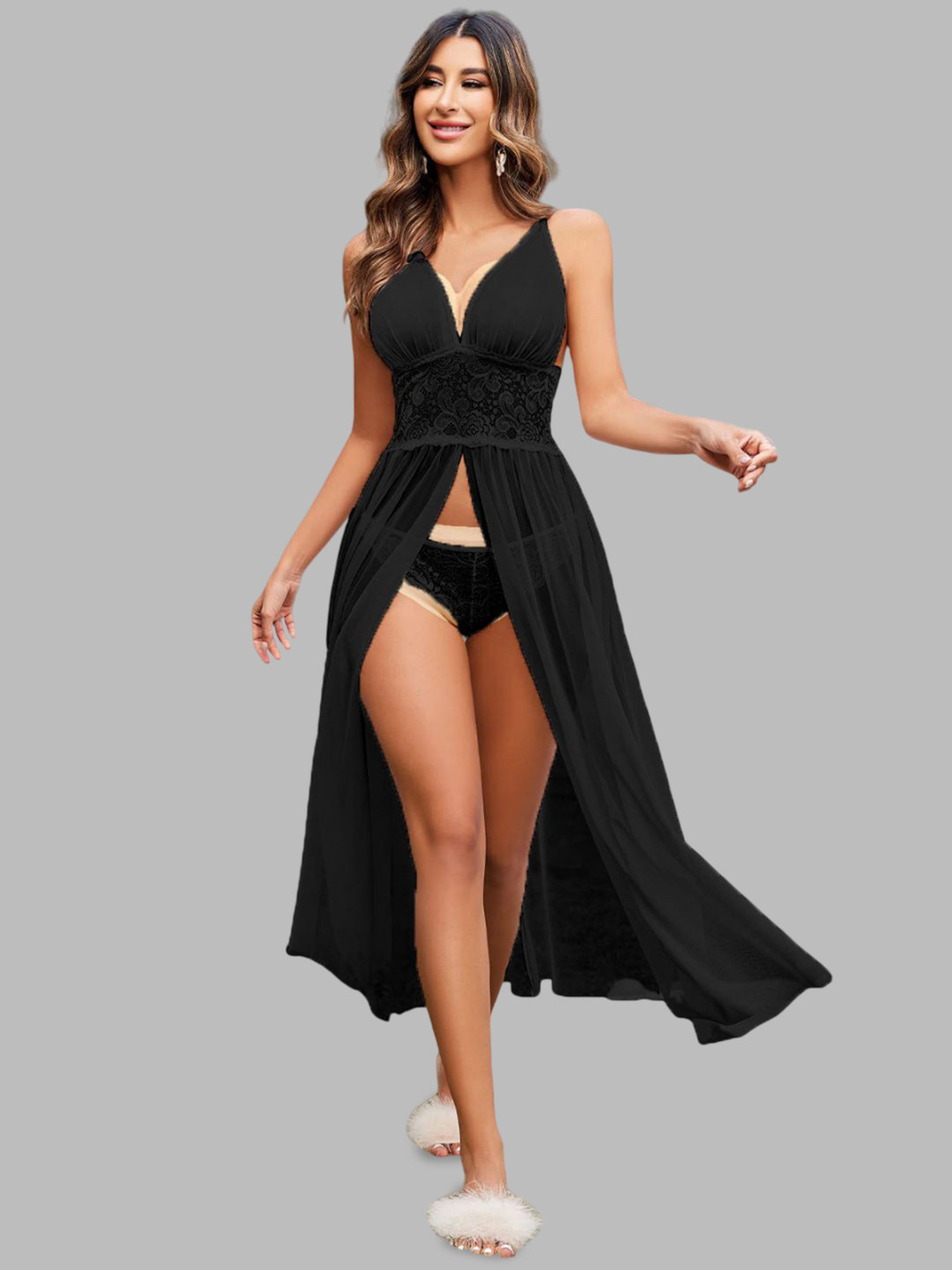 Krelin Women Lace Insert Front High-Slit Babydoll Nightwear