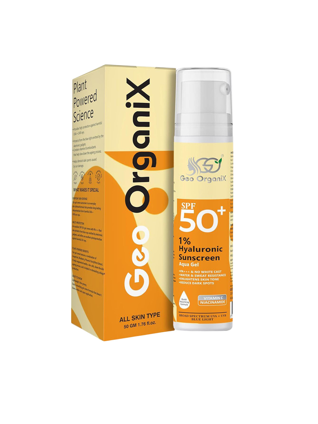 Geo OrganiX 1% Hyaluronic Acid Sunscreen Gel SPF 50 PA+++ With Vitamin C - 50 g