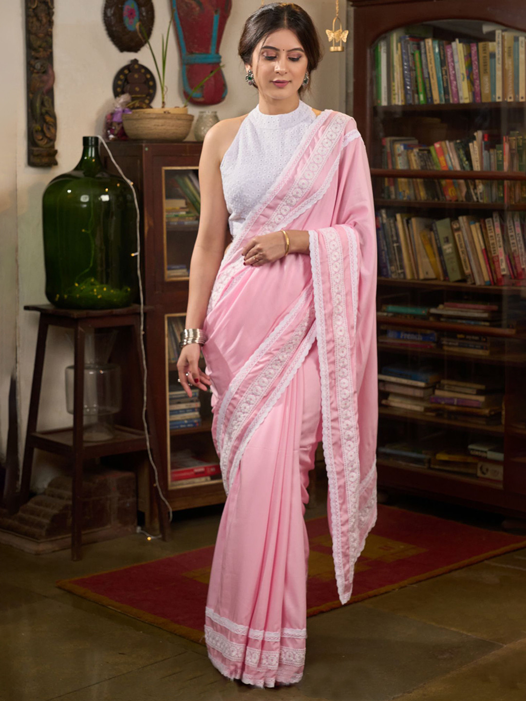 SUJATRA Powder Pink Modal Cotton Highlighted With Laces Embroidered Saree
