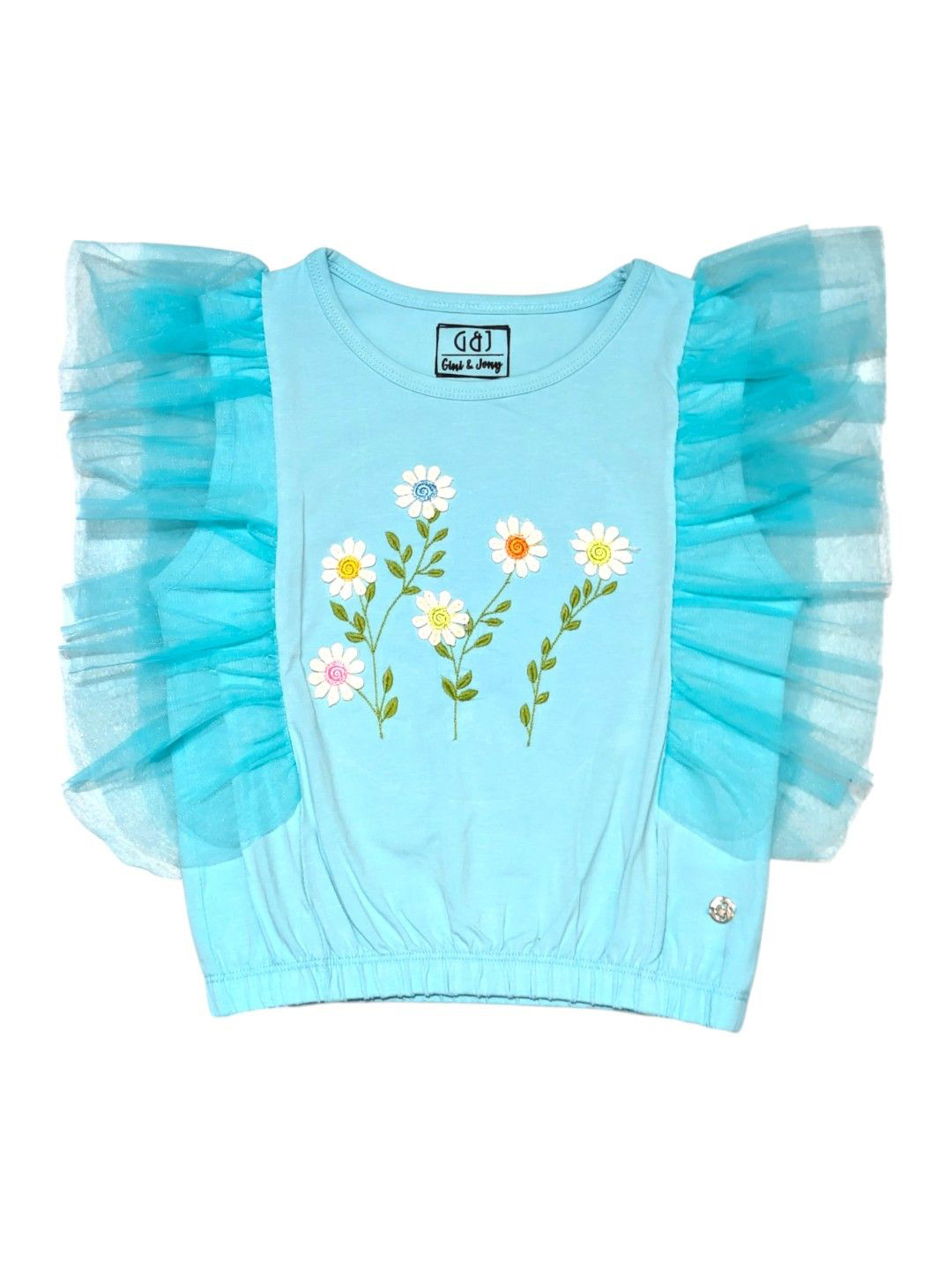 Gini and Jony Girl Floral Embroidered Flutter Sleeve Ruffles Cotton Blouson Crop Top