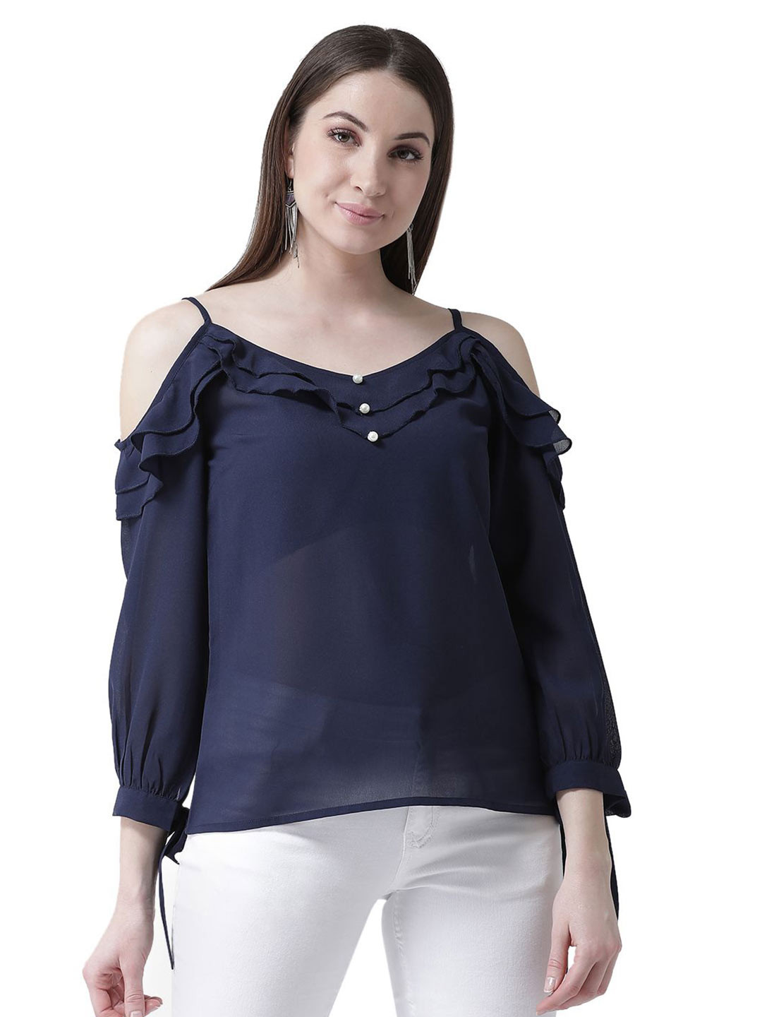 KASSUALLY Women Cold-Shoulder Sleeves Georgette A-Line Top With Ruffles Detail