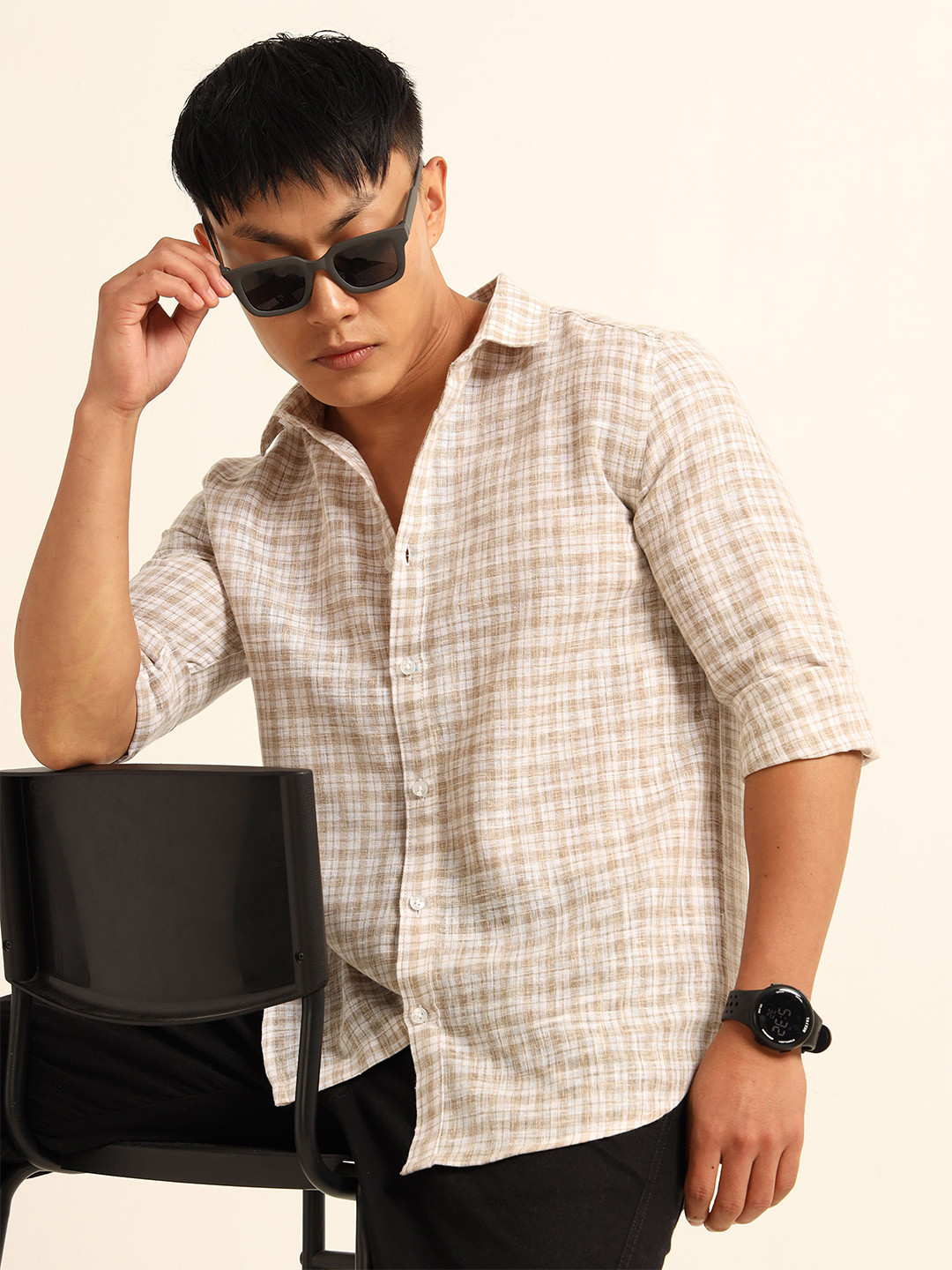 Bushirt Men Classic Checked Spread Collar Cotton Casual Shirt