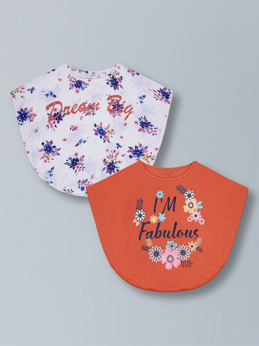PLUM TREE Girls Pack Of 2 Graphic Printed Cape Sleeves Top