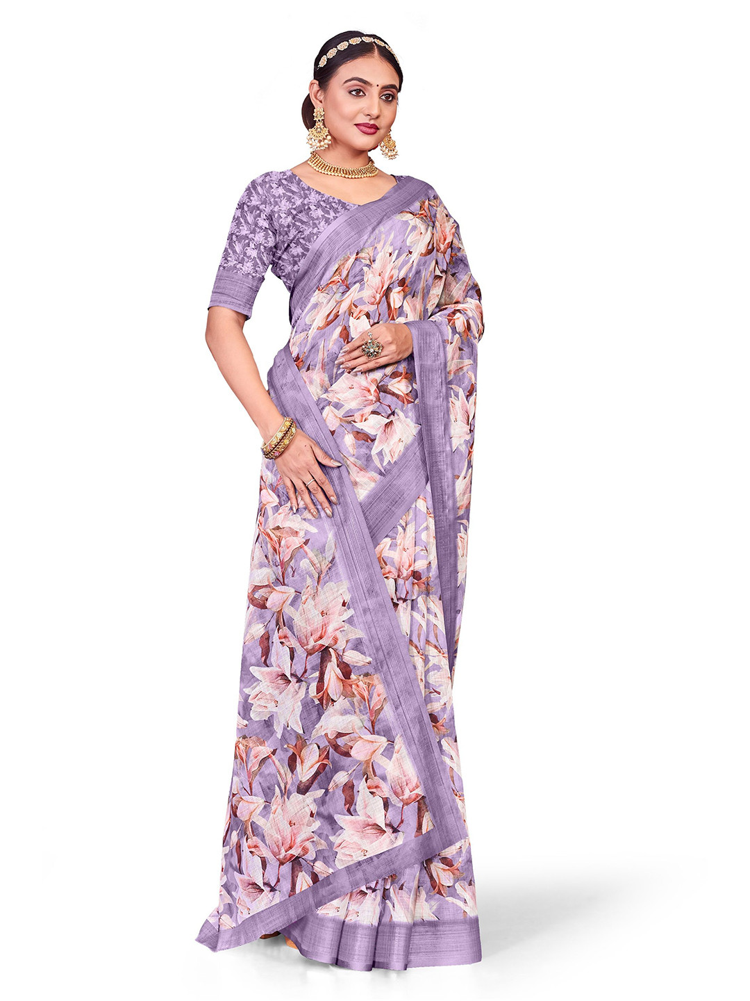 Lichee Floral Printed Zari Border Festive Saree