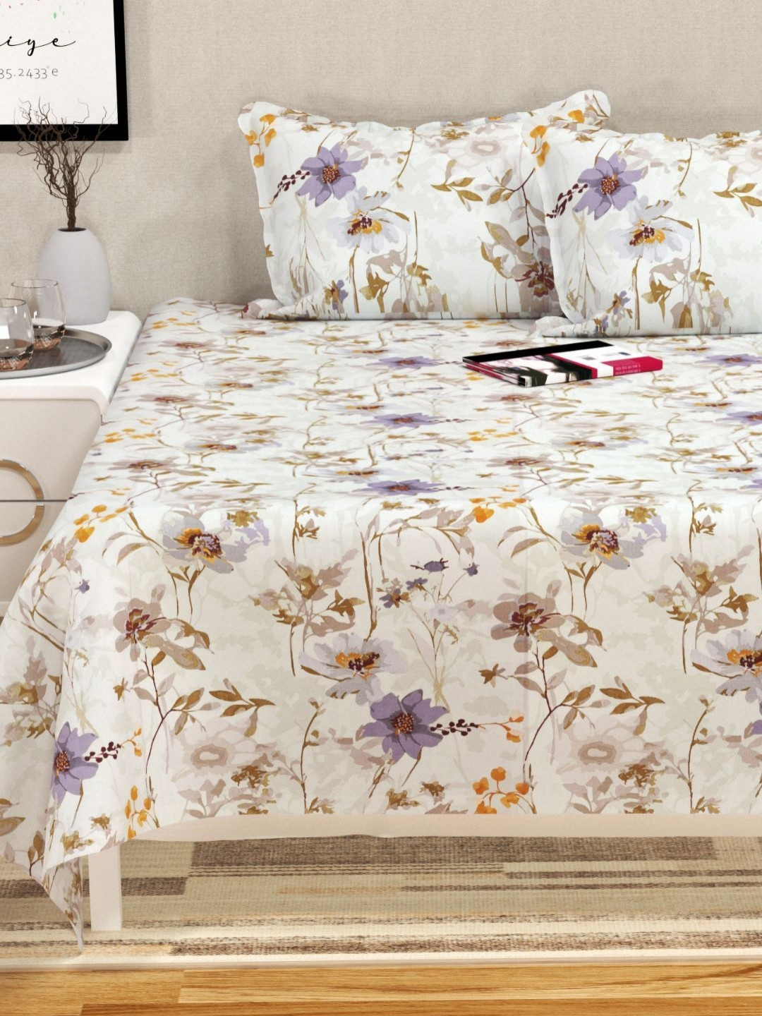 San Marino Off White & Purple Printed Cotton 350 TC Queen Bedsheet Set- 2.54 m x 2.28 m