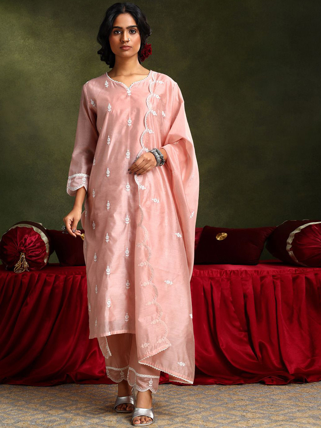 Heritage Floral Embroidered Thread Work Pure Cotton Straight Kurta With Trousers & Dupatta
