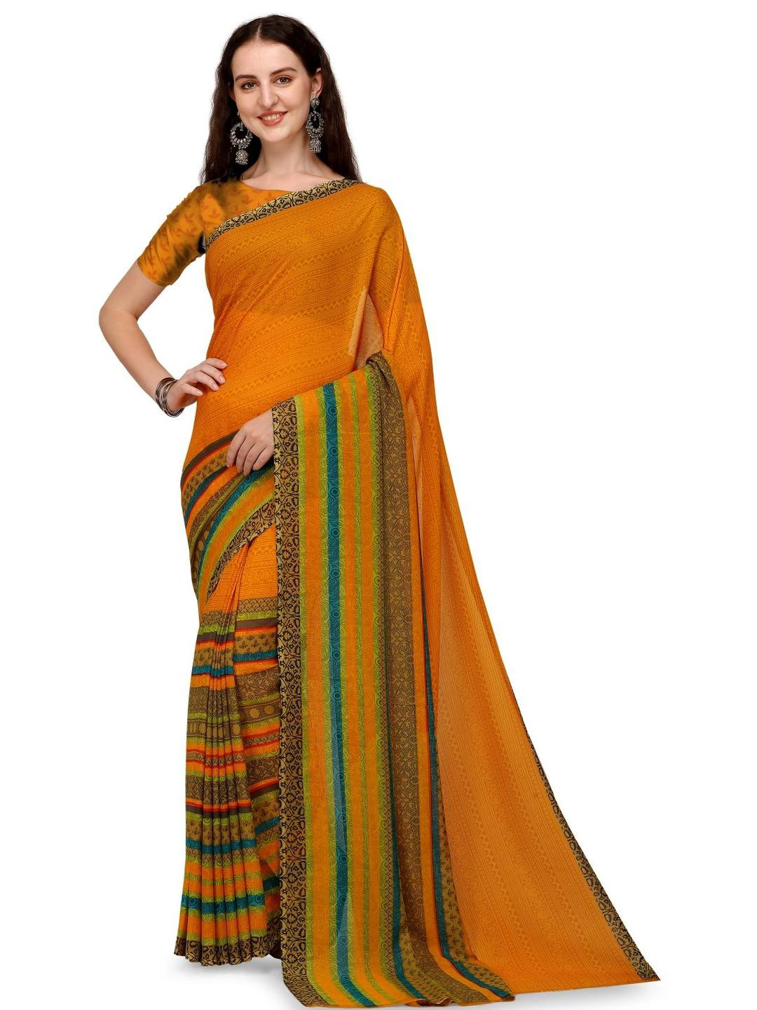 Moda Rapido women mustard and green Floral Poly Georgette Saree