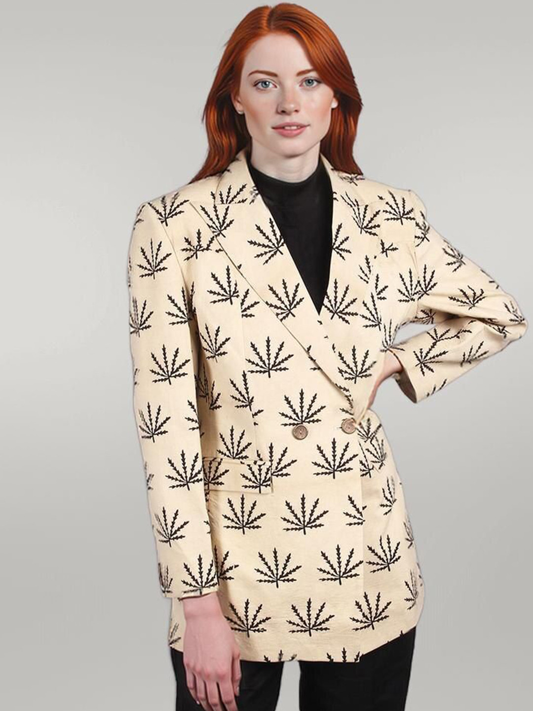 Talethread Printed Double-Breasted Cotton Blazer