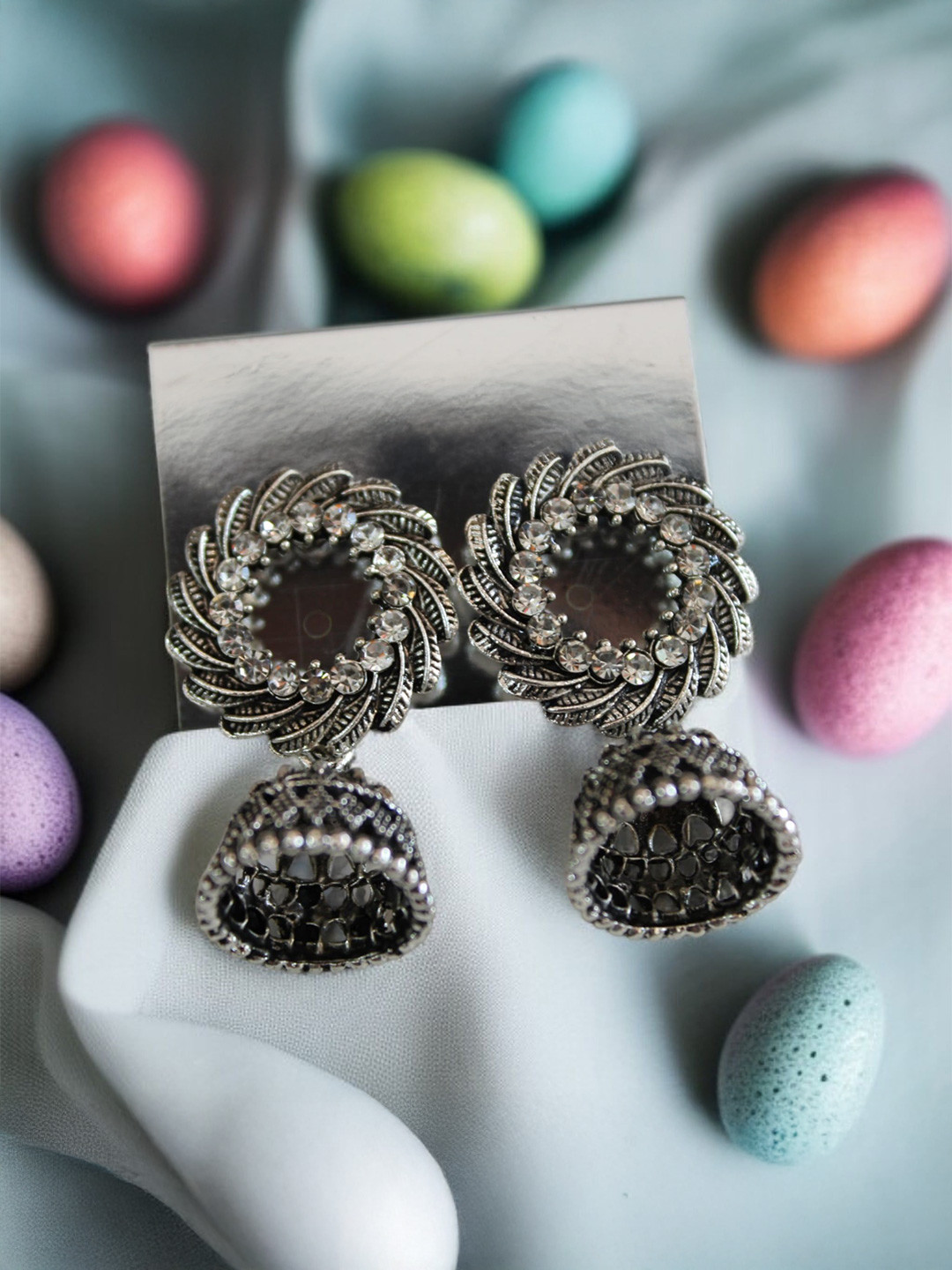 FIRSTCHOICE Silver-Plated Artificial Stones Studded & Beaded Oxidised Dome Shaped Jhumkas