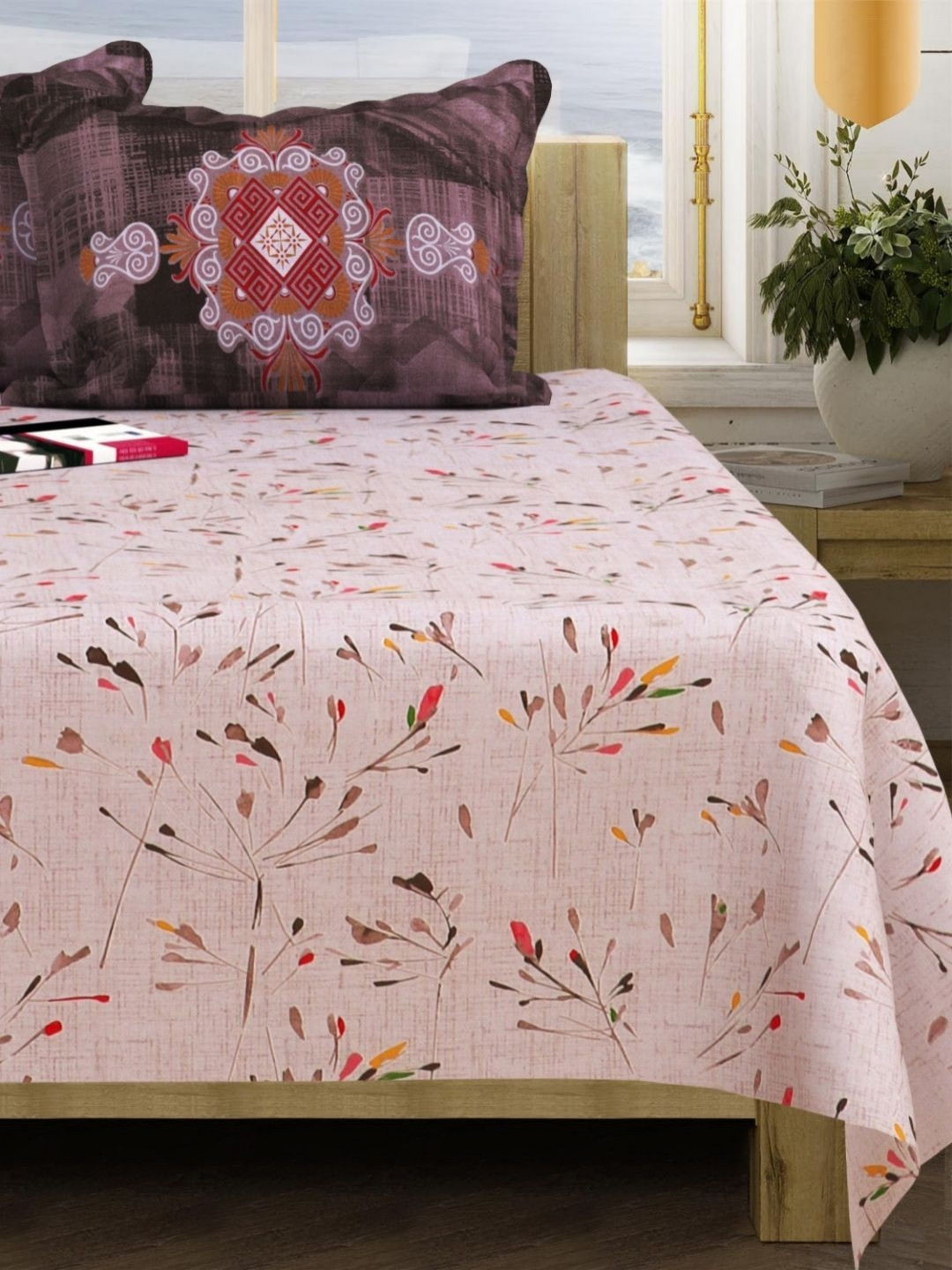 San Marino Pink Floral Printed Cotton 350 TC Queen Bedsheet Set-2.54 m x 2.28 m